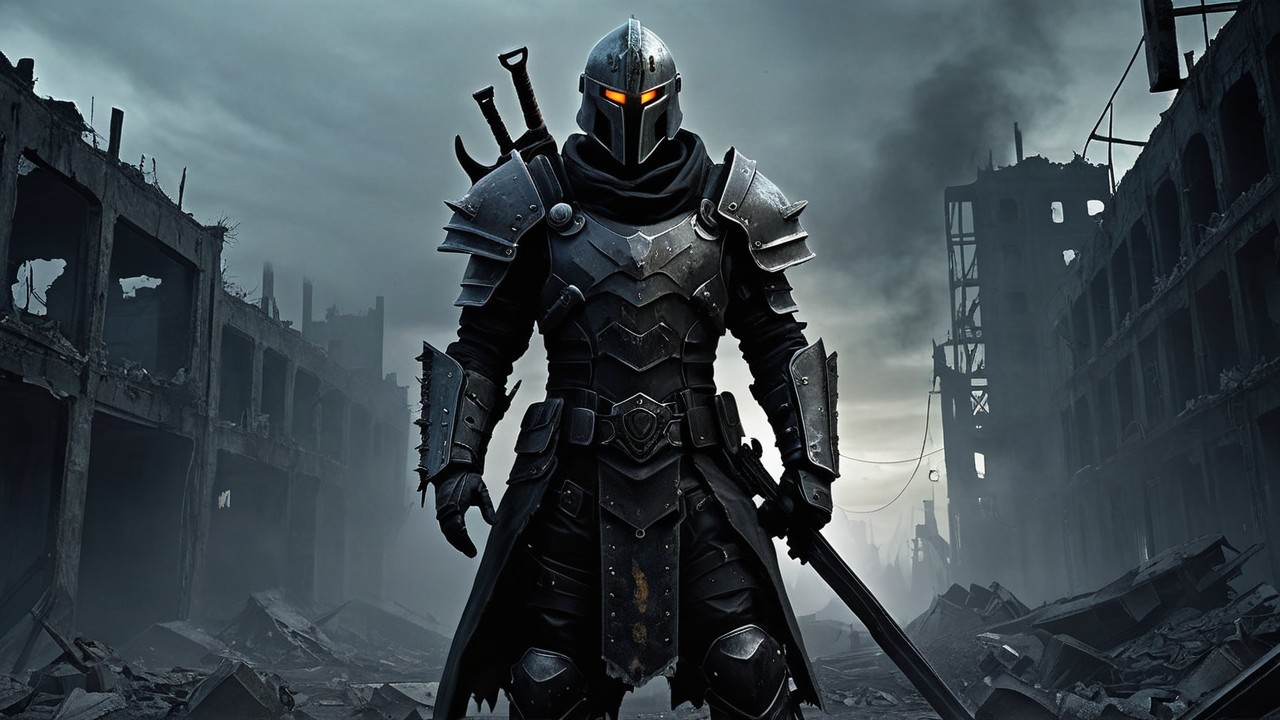 Dark Knight in War-Torn Landscape with Sword