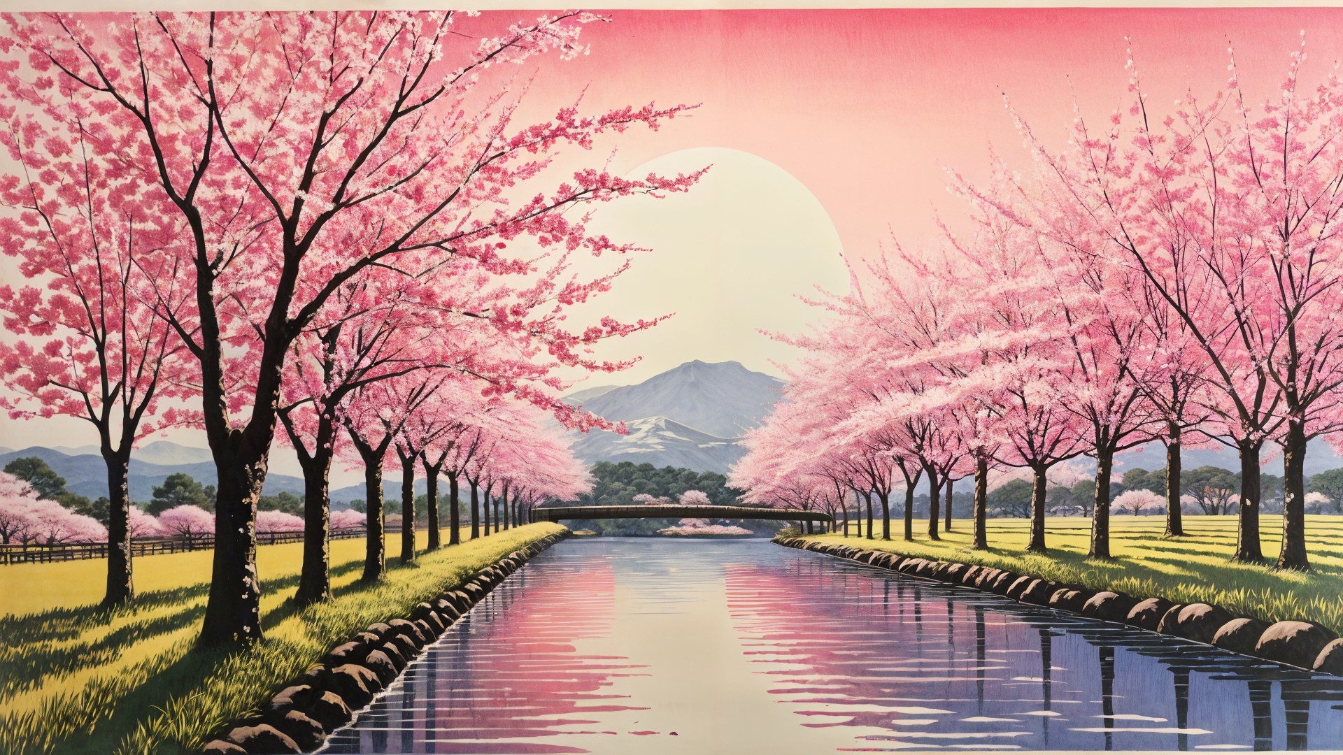 Cherry Blossom Trees by a Tranquil River Landscape