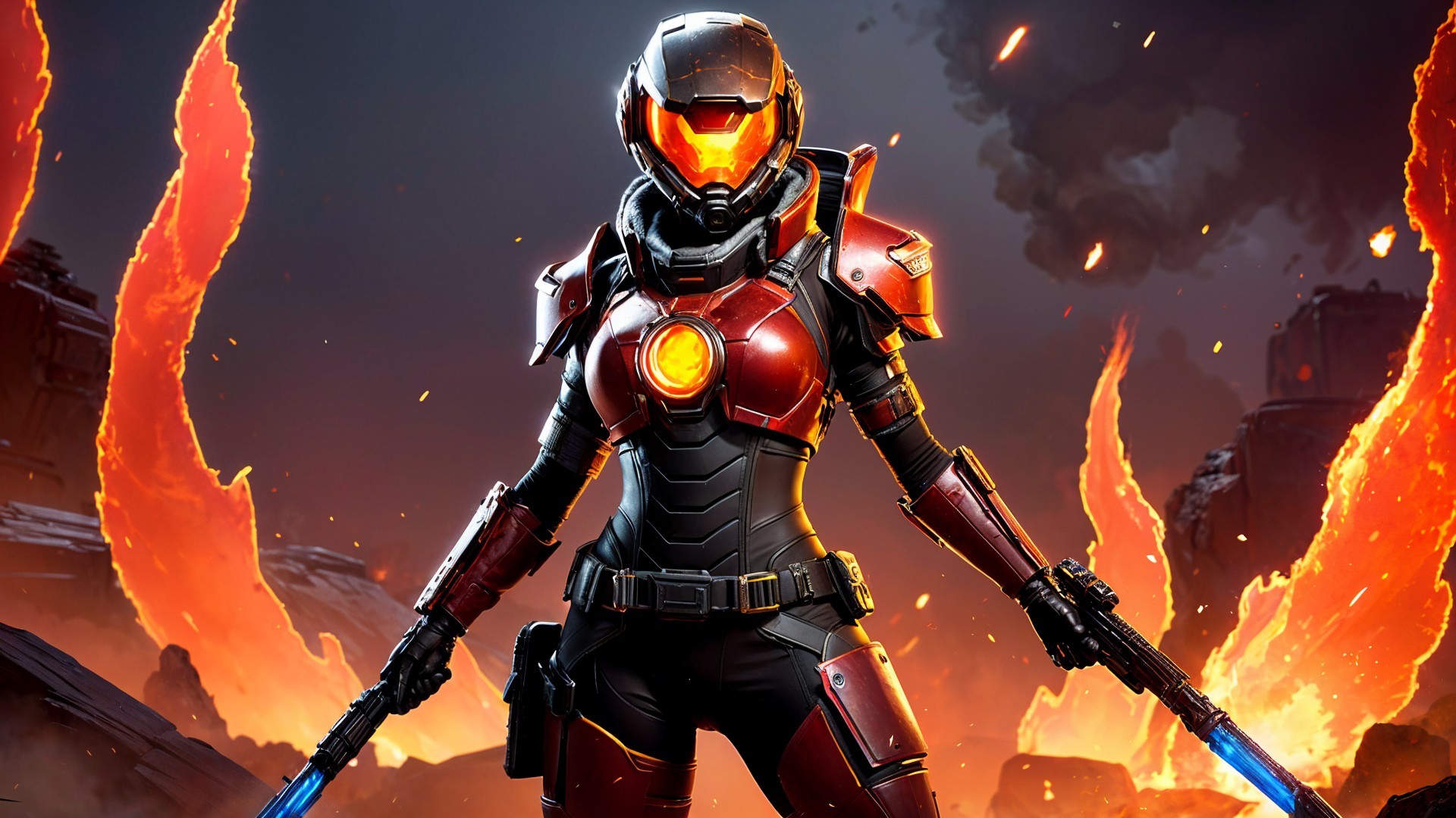 Futuristic warrior in armored suit with high-tech weapons
