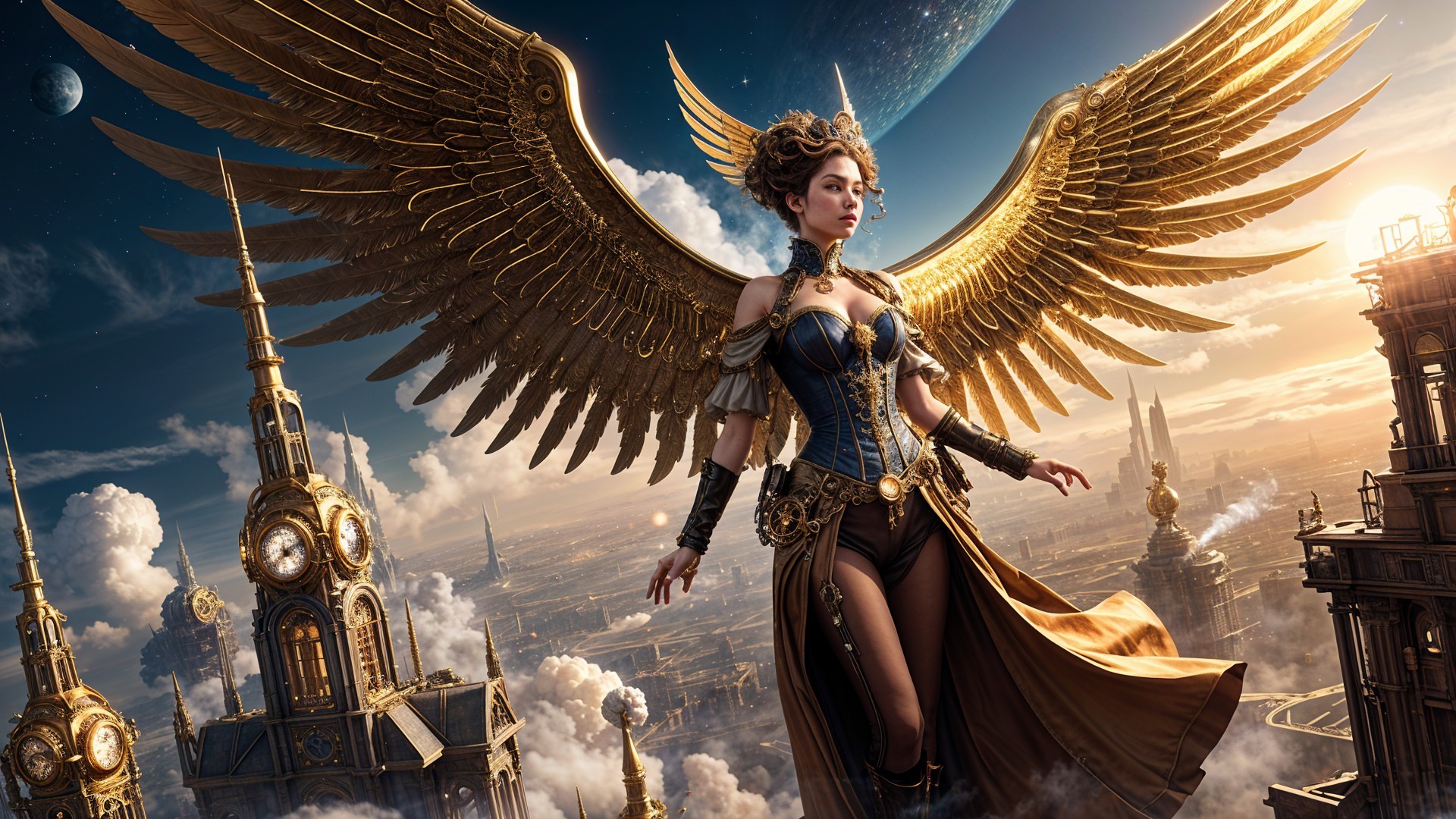 Majestic figure with golden wings over steampunk city
