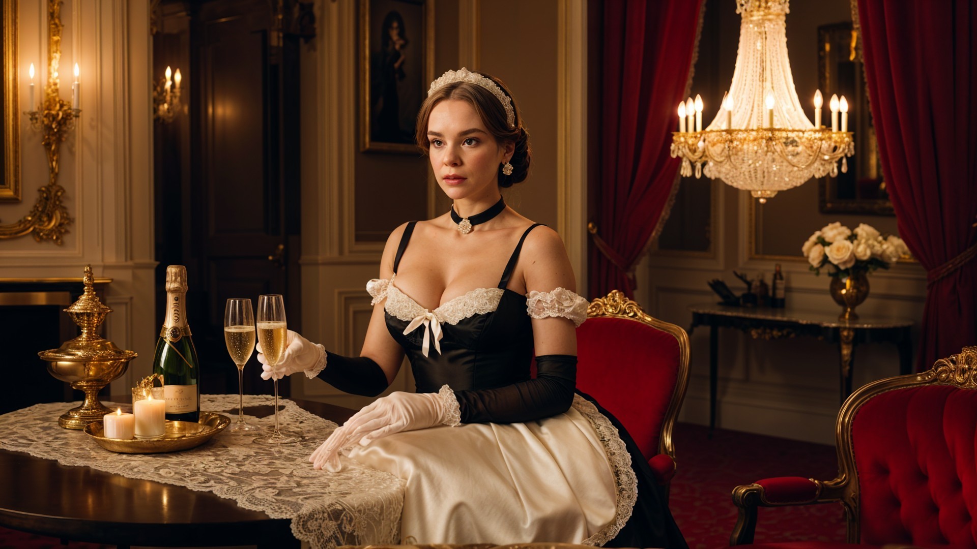 Elegant Woman in Black and White Gown at Lavish Table