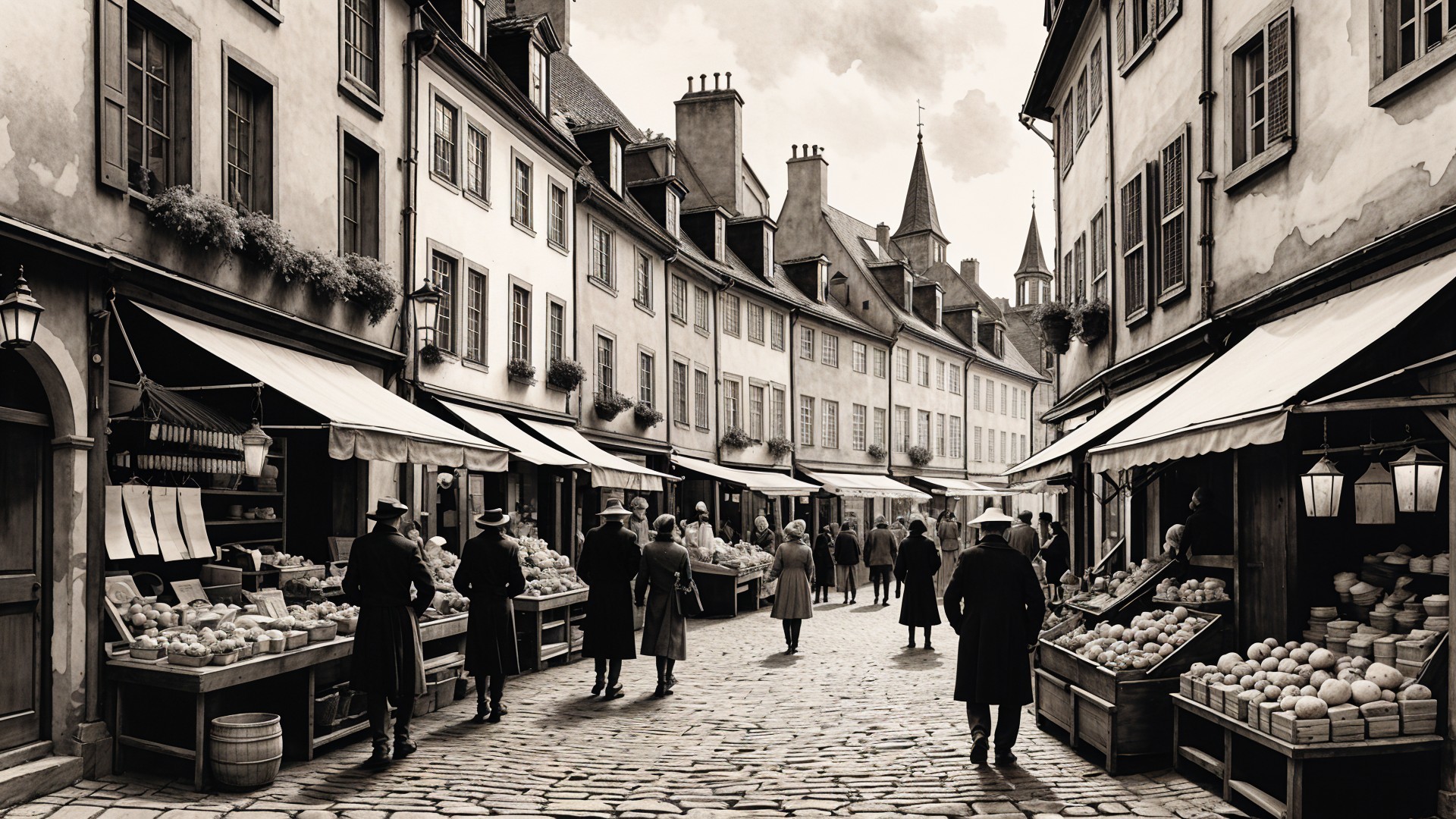Historic marketplace with vendors and charming buildings