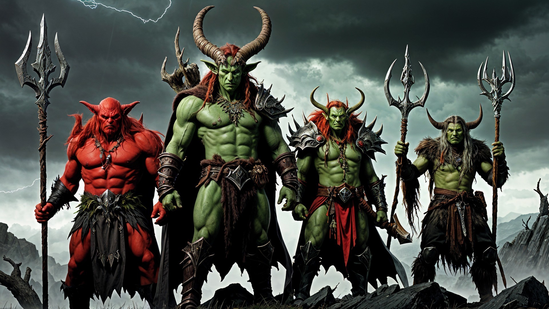 Muscular Demon Warriors in Stormy Sky with Weapons
