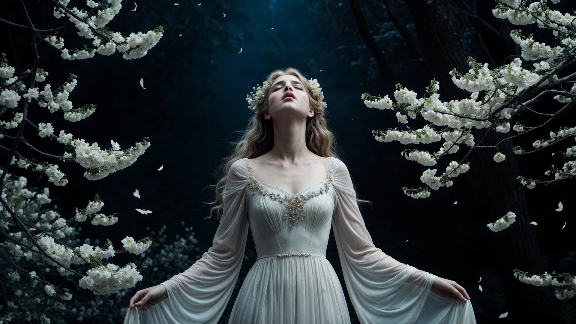 Serene Woman in Cherry Blossom Forest Setting
