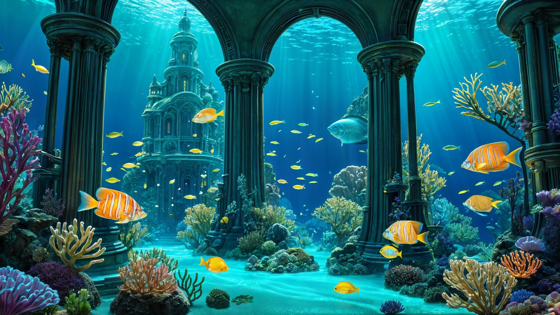 Underwater Ruins with Coral Reefs and Fish