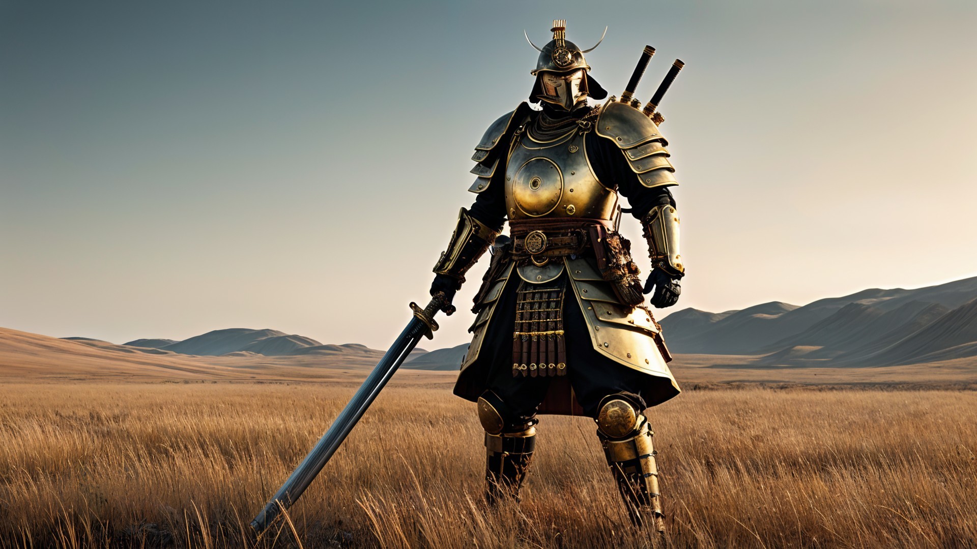 Armored Warrior in Golden Grassland Under Sunlight