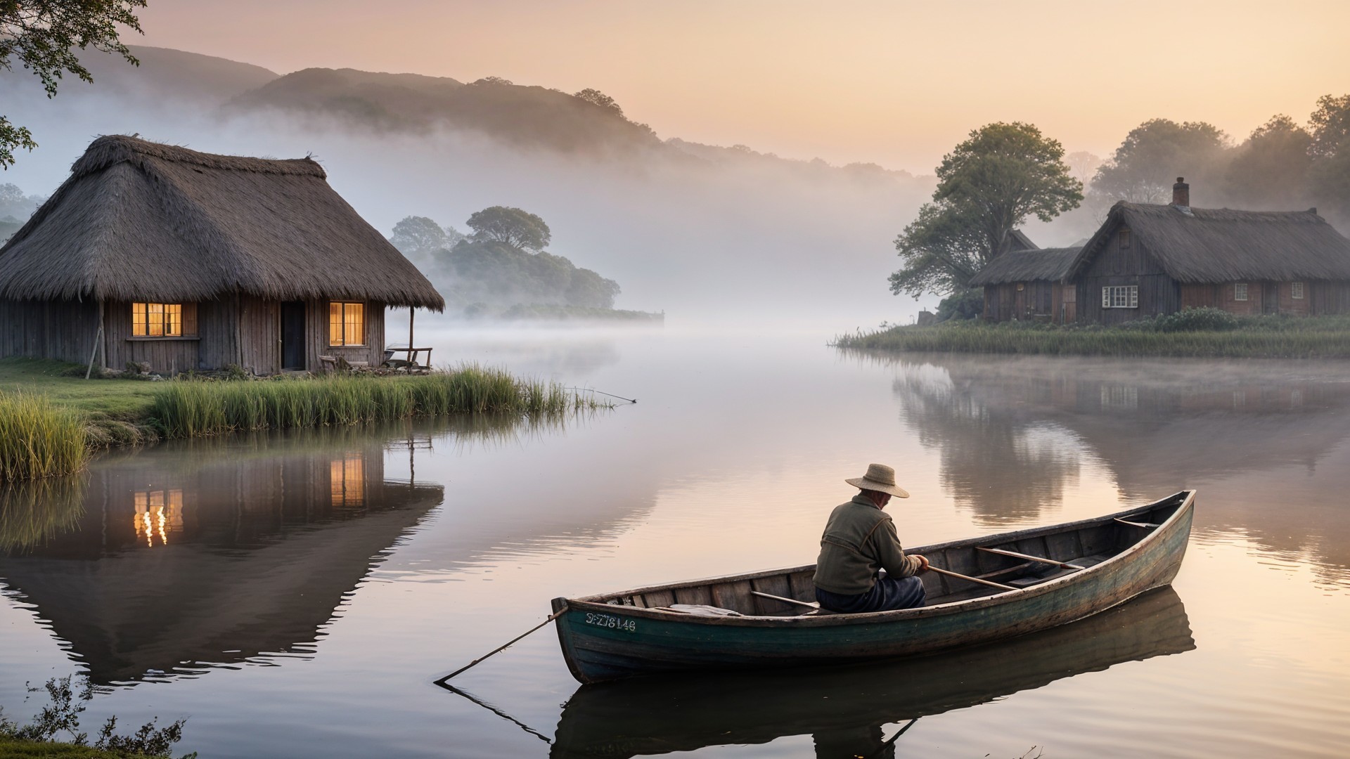 Misty Lake Scene with Fisherman and Cottages