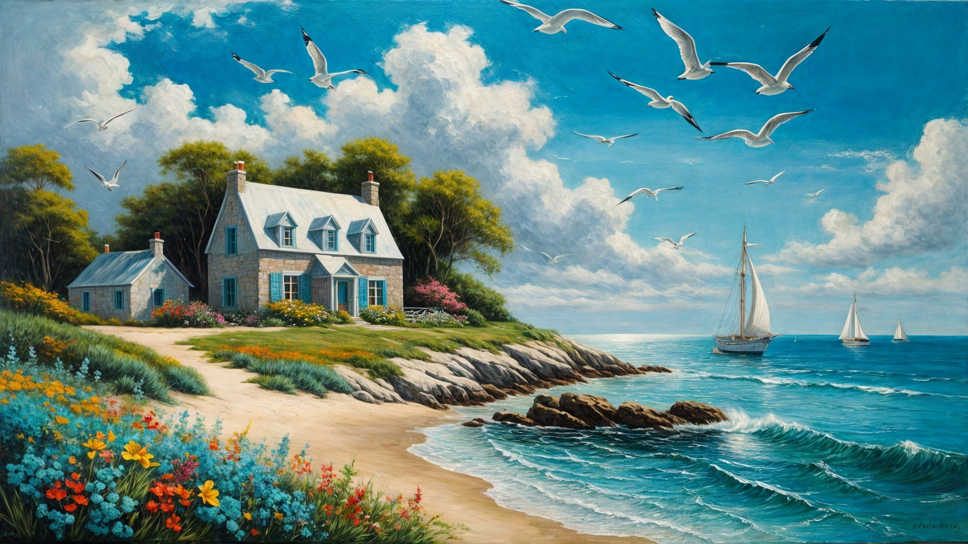 Seaside Cottage Overlooking Tranquil Ocean Scene