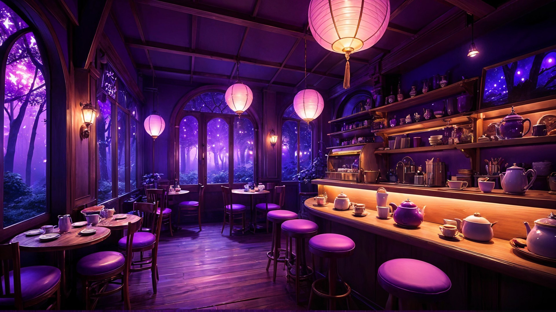 Serene café with purple decor and twilight forest view