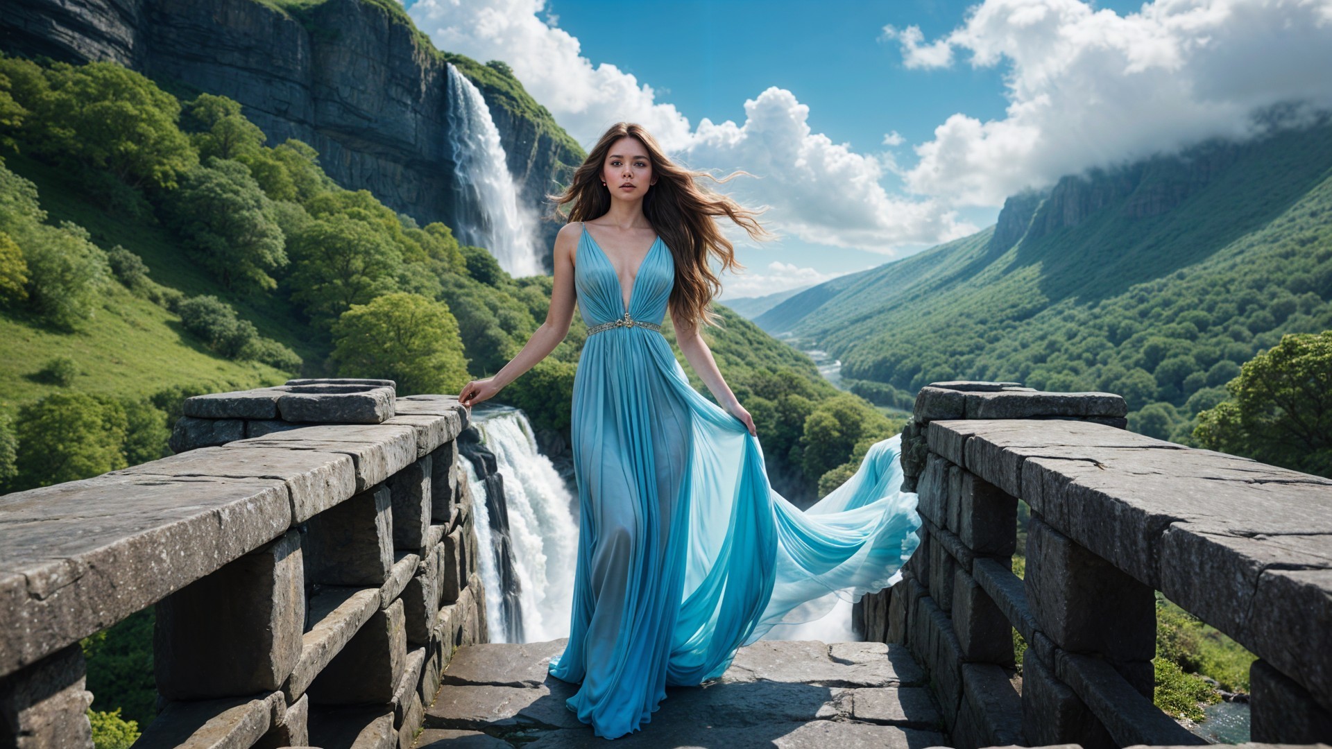 Young Woman in Blue Gown by Waterfalls and Hills