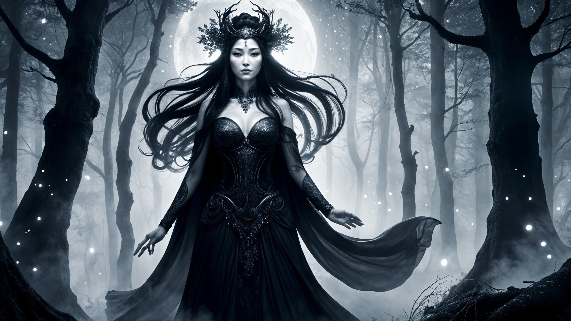 Mystical Forest Scene with Elegant Figure and Moonlight