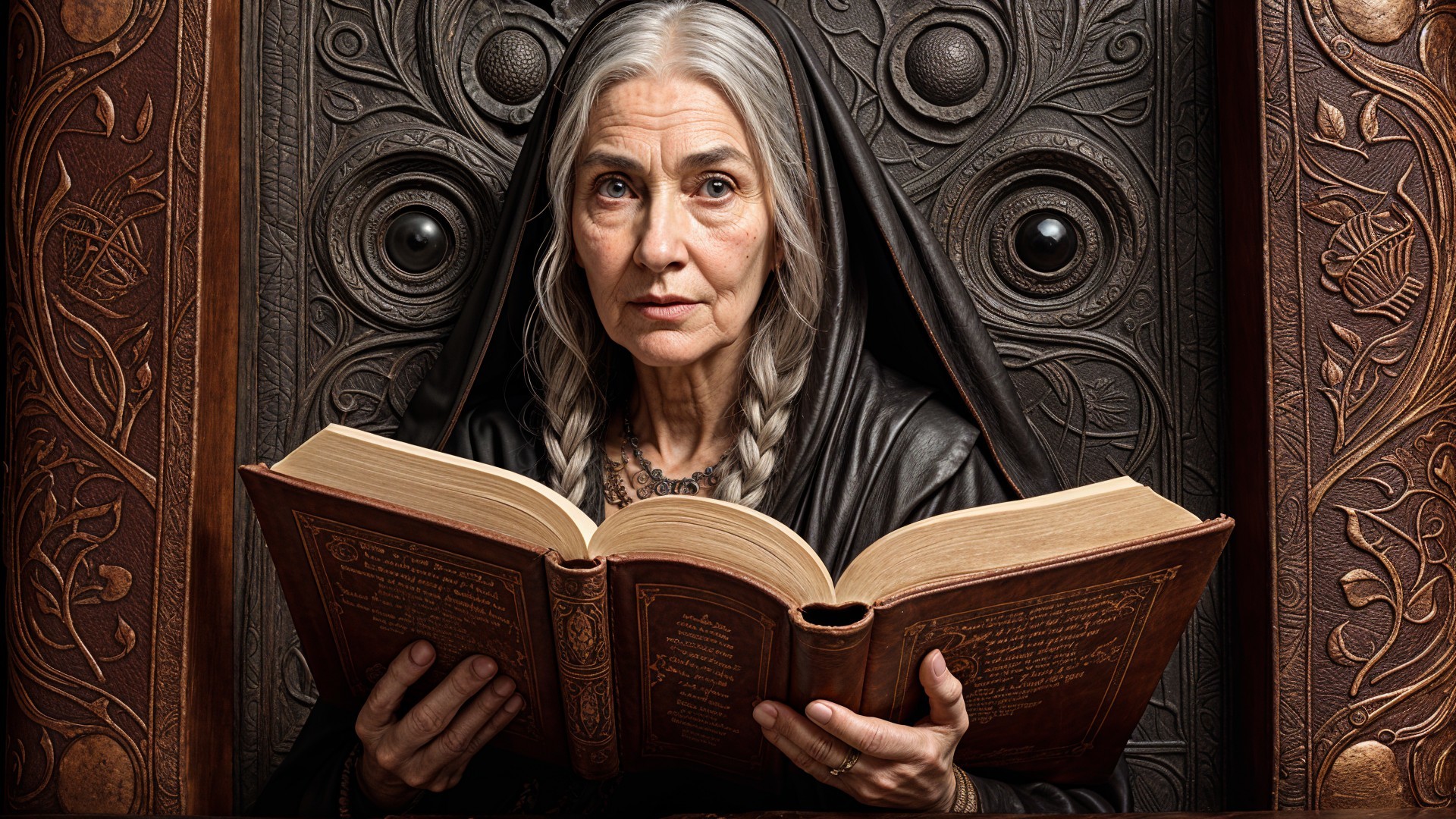 Elderly Woman in Cloak Reading Ancient Book on Throne
