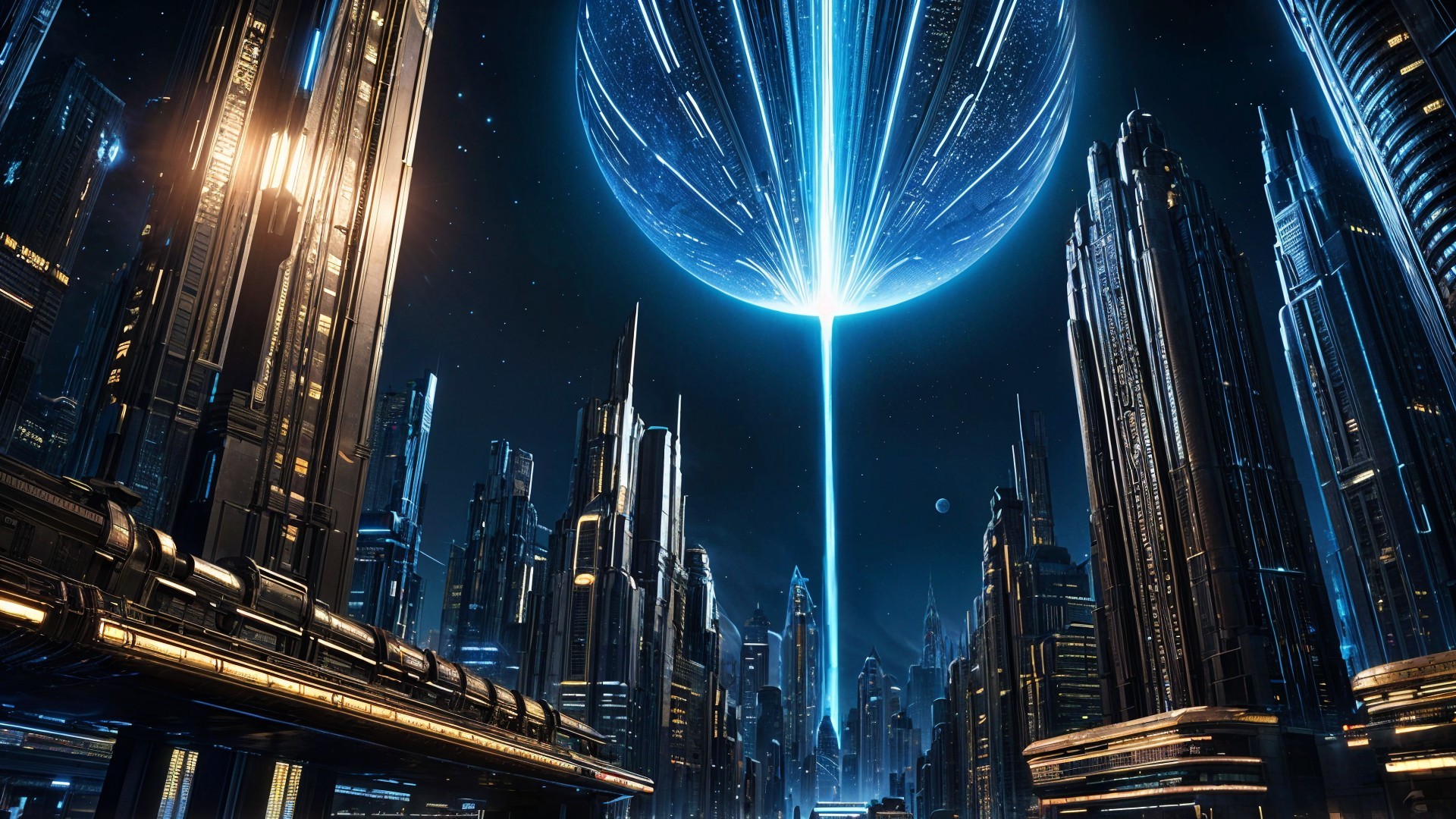 Futuristic cityscape with skyscrapers and celestial light