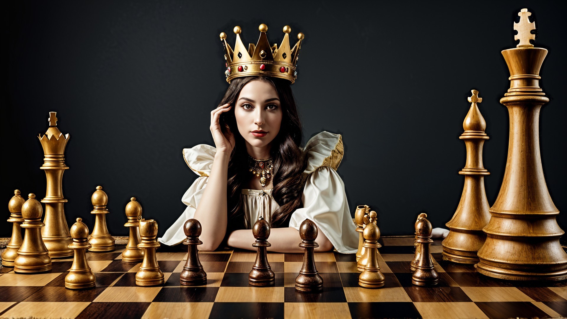 Regal Woman at Chessboard with Elegant Attire
