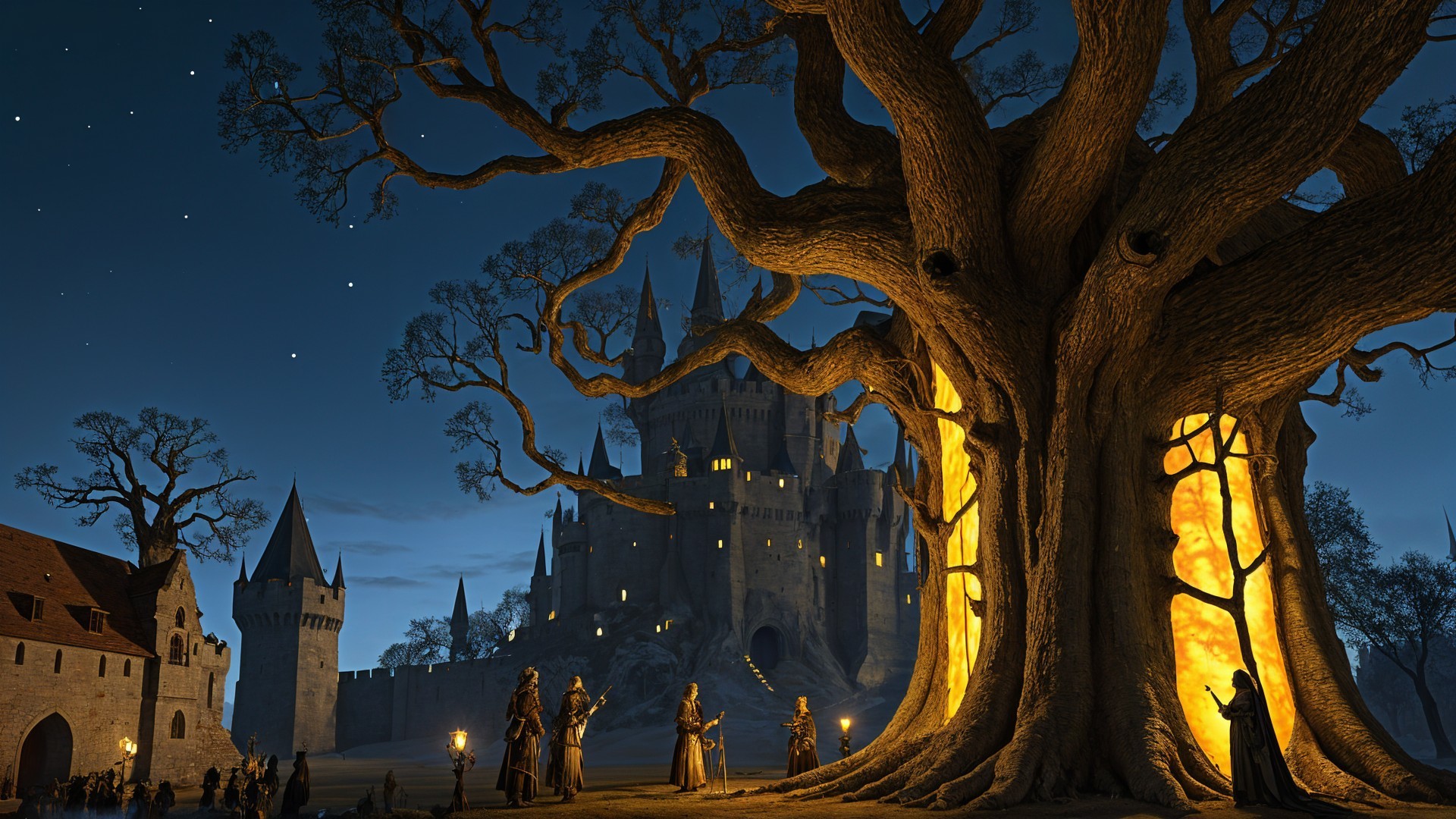 Ancient Tree and Castle in a Mystical Landscape