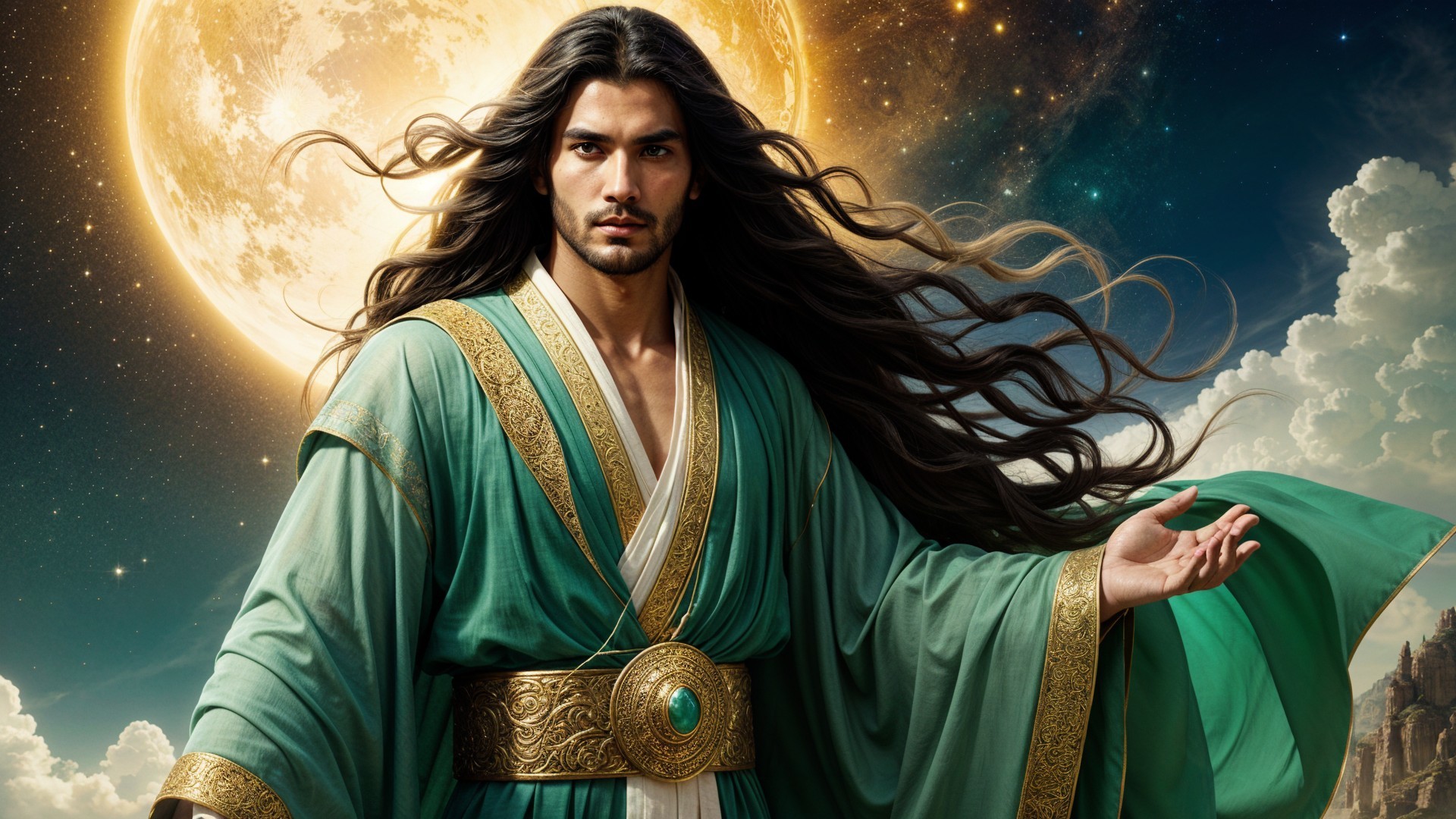 Majestic Figure in Ornate Robe Against Celestial Moon
