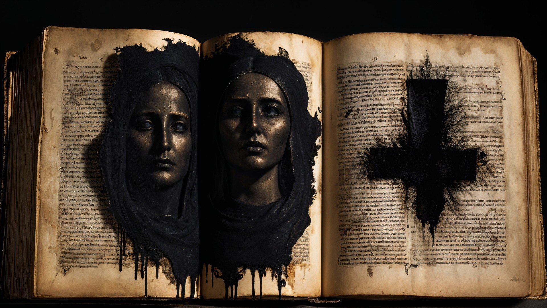 Ancient Book with Sculpted Faces and Dark Imagery