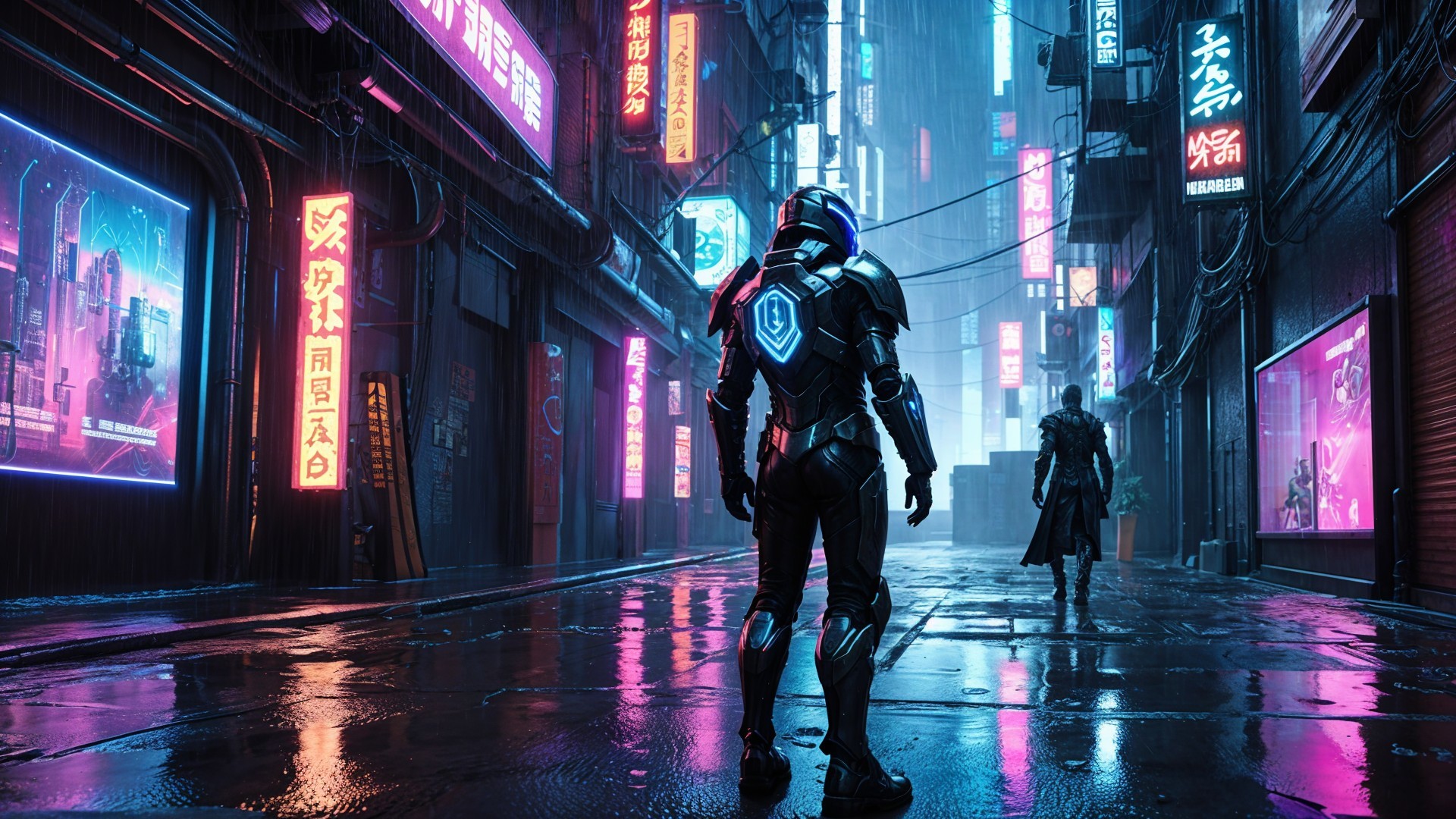 Futuristic Cityscape with Neon Alleyway Figures
