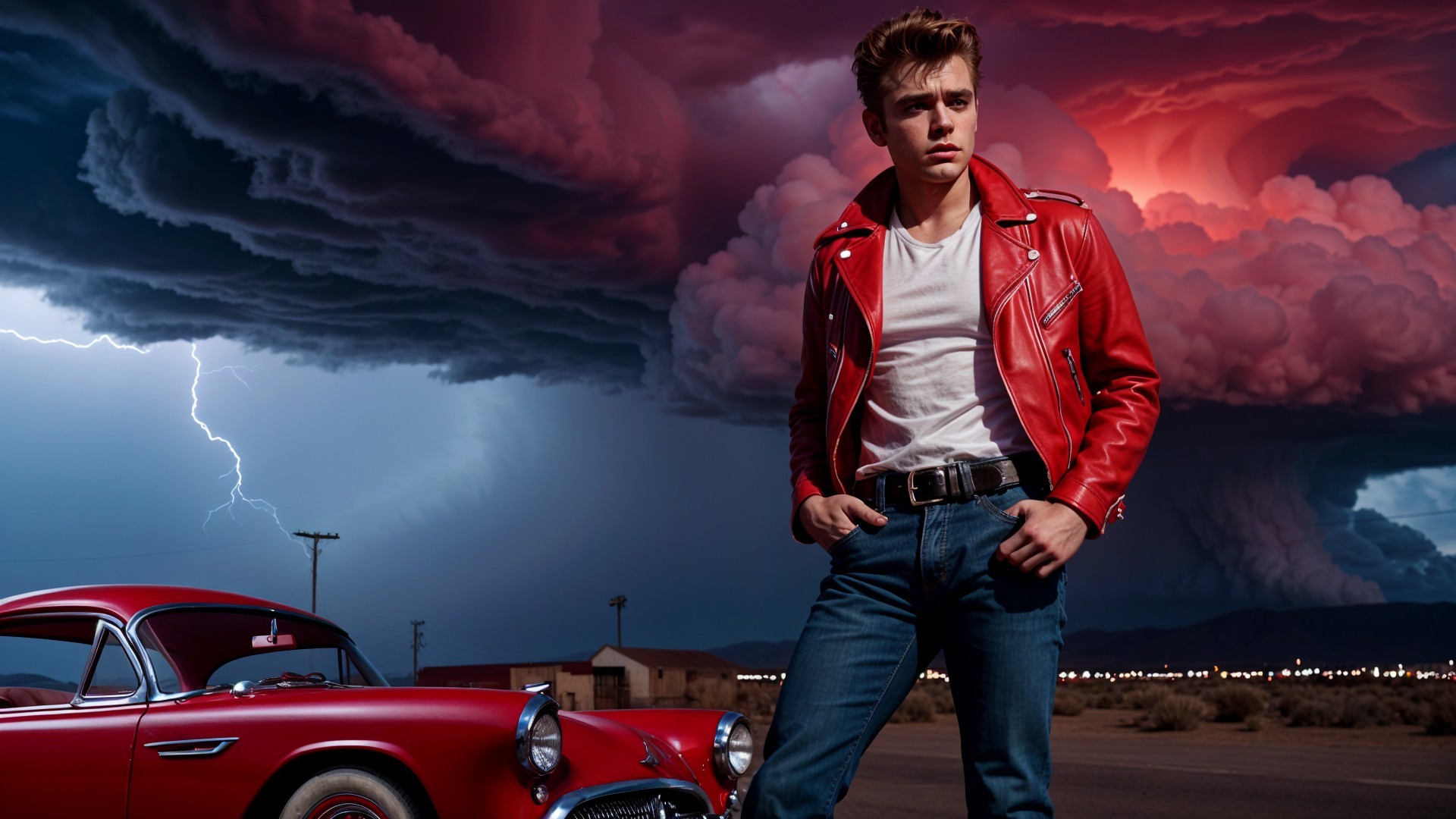 Young Man in Red Jacket Beside Classic Car and Stormy Sky