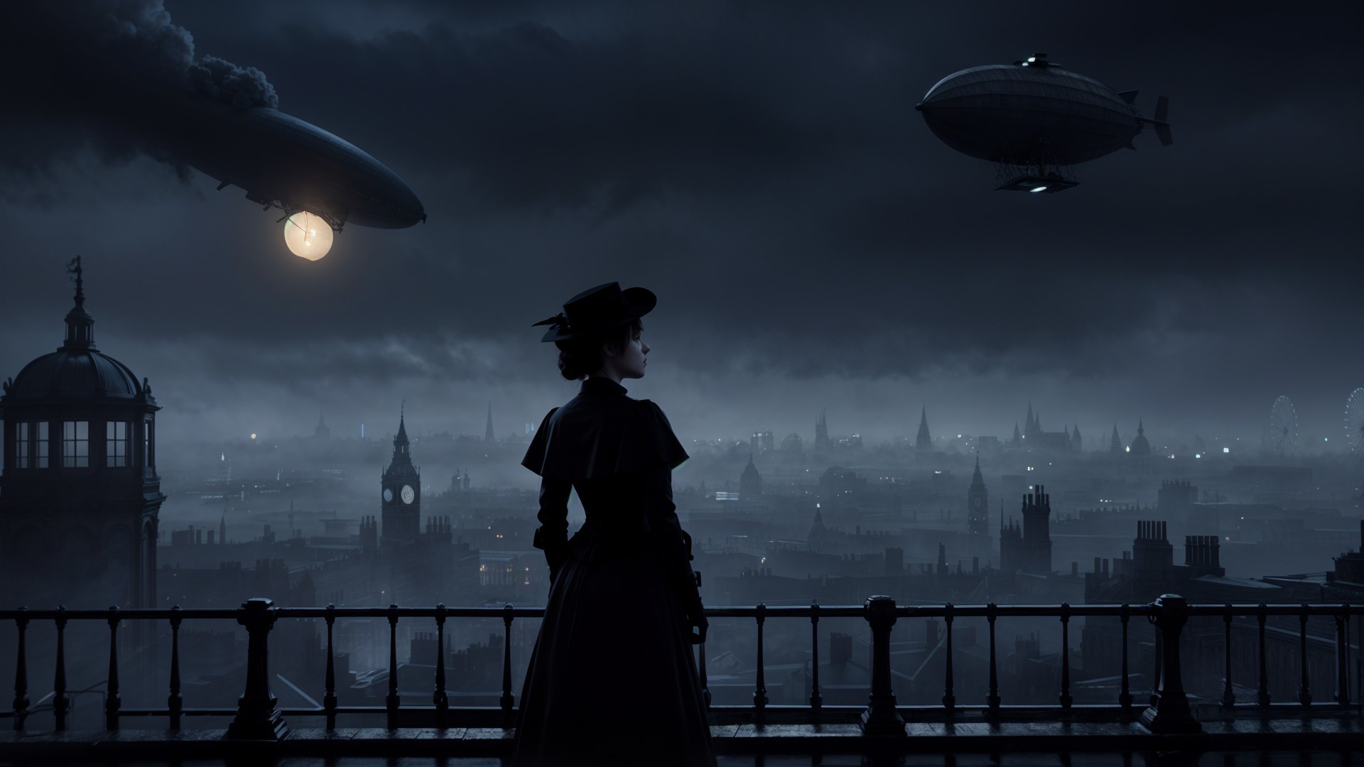 Victorian Woman on Rooftop Overlooking Steampunk City