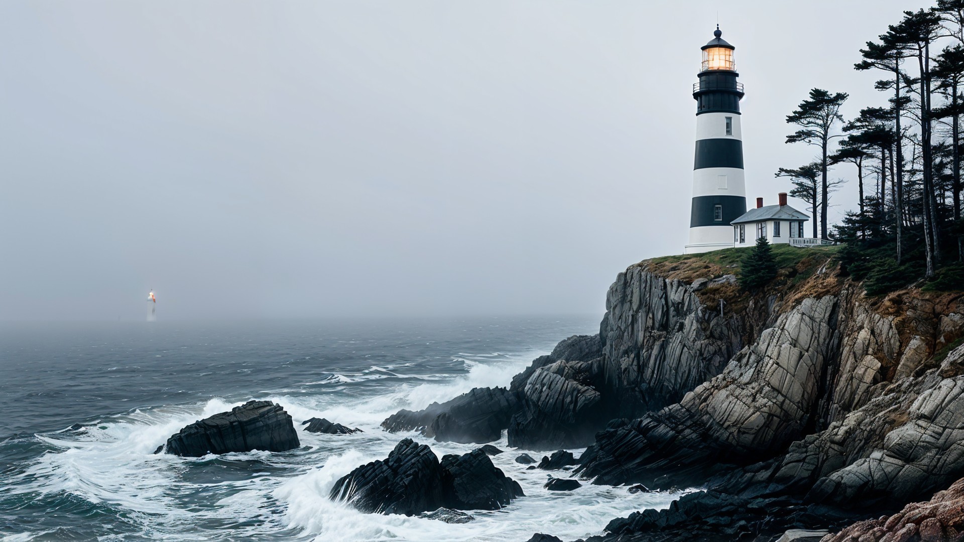 Lighthouse on Cliffs with Waves and Foggy Sky