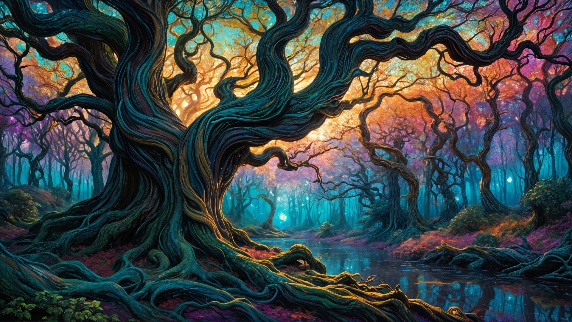 Enchanted forest with twisted trees and vibrant leaves