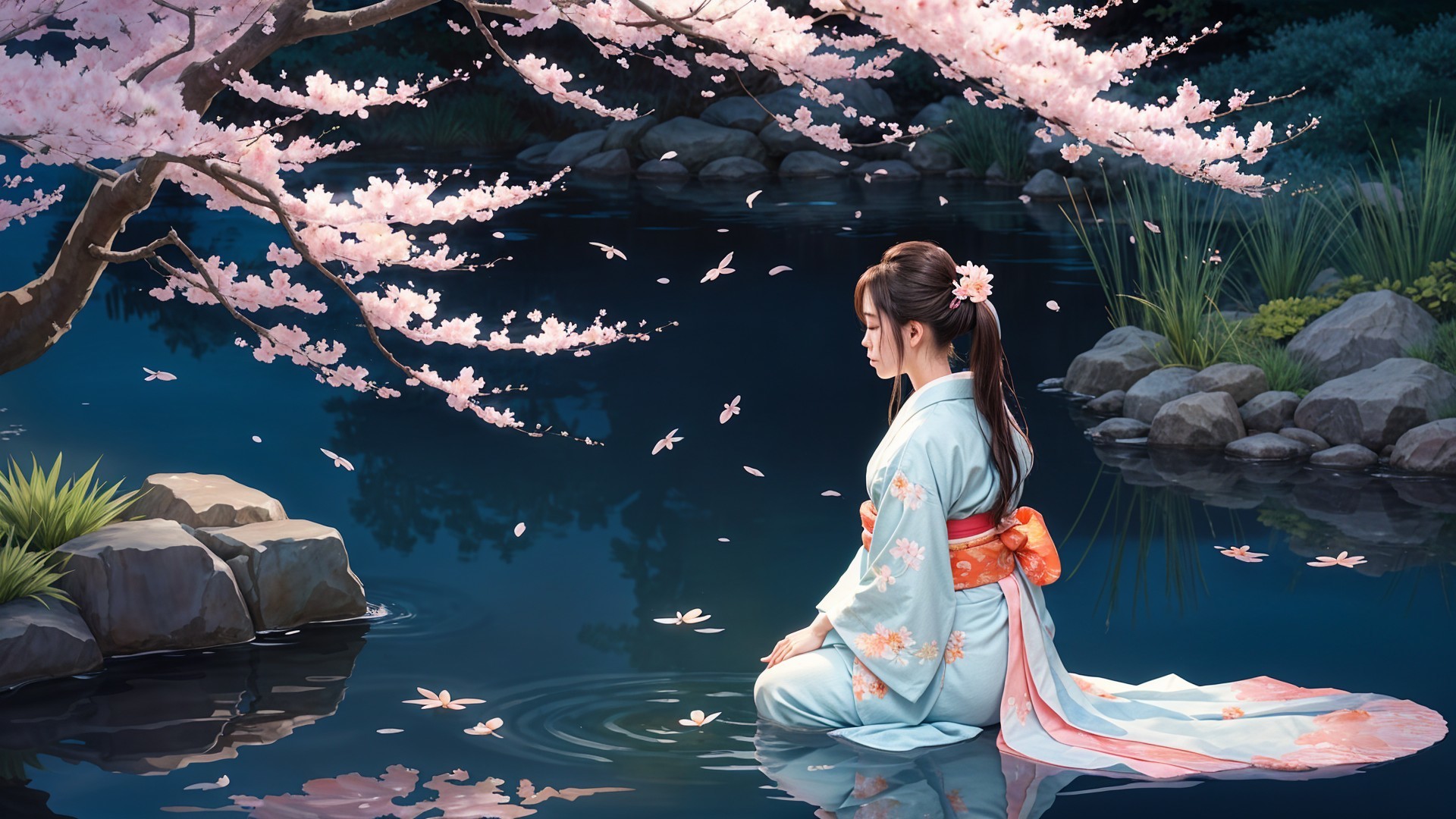 Young Woman in Kimono by a Tranquil Pond