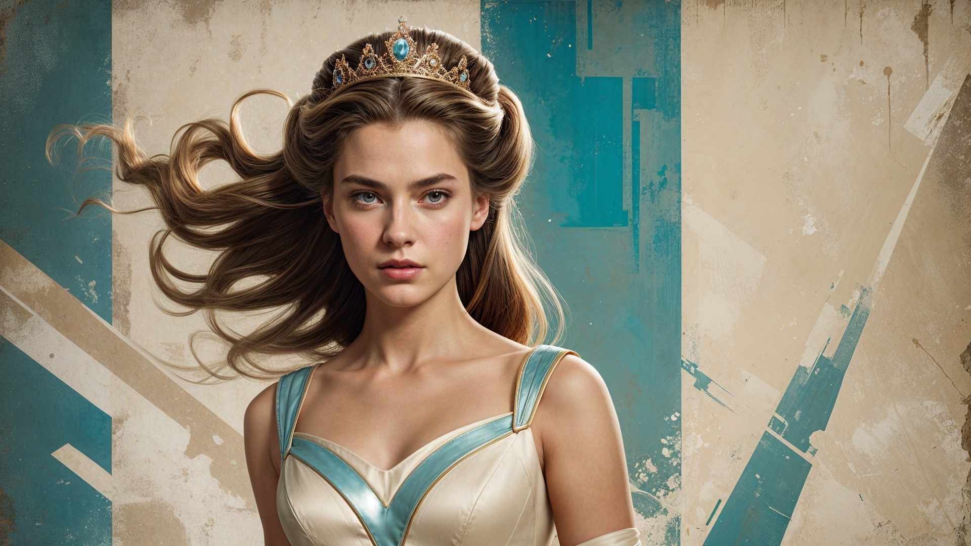 Young woman in elegant teal-accented gown and crown