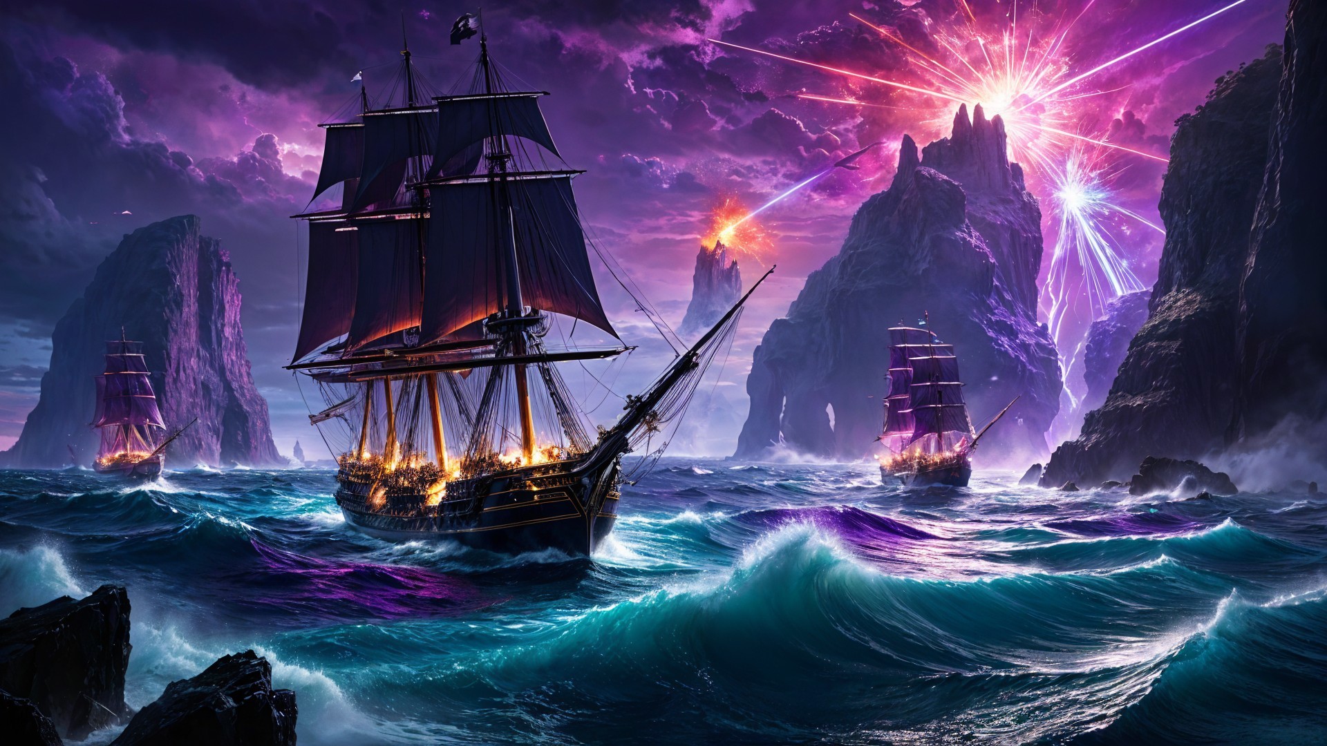 Dramatic maritime scene with ships and swirling clouds