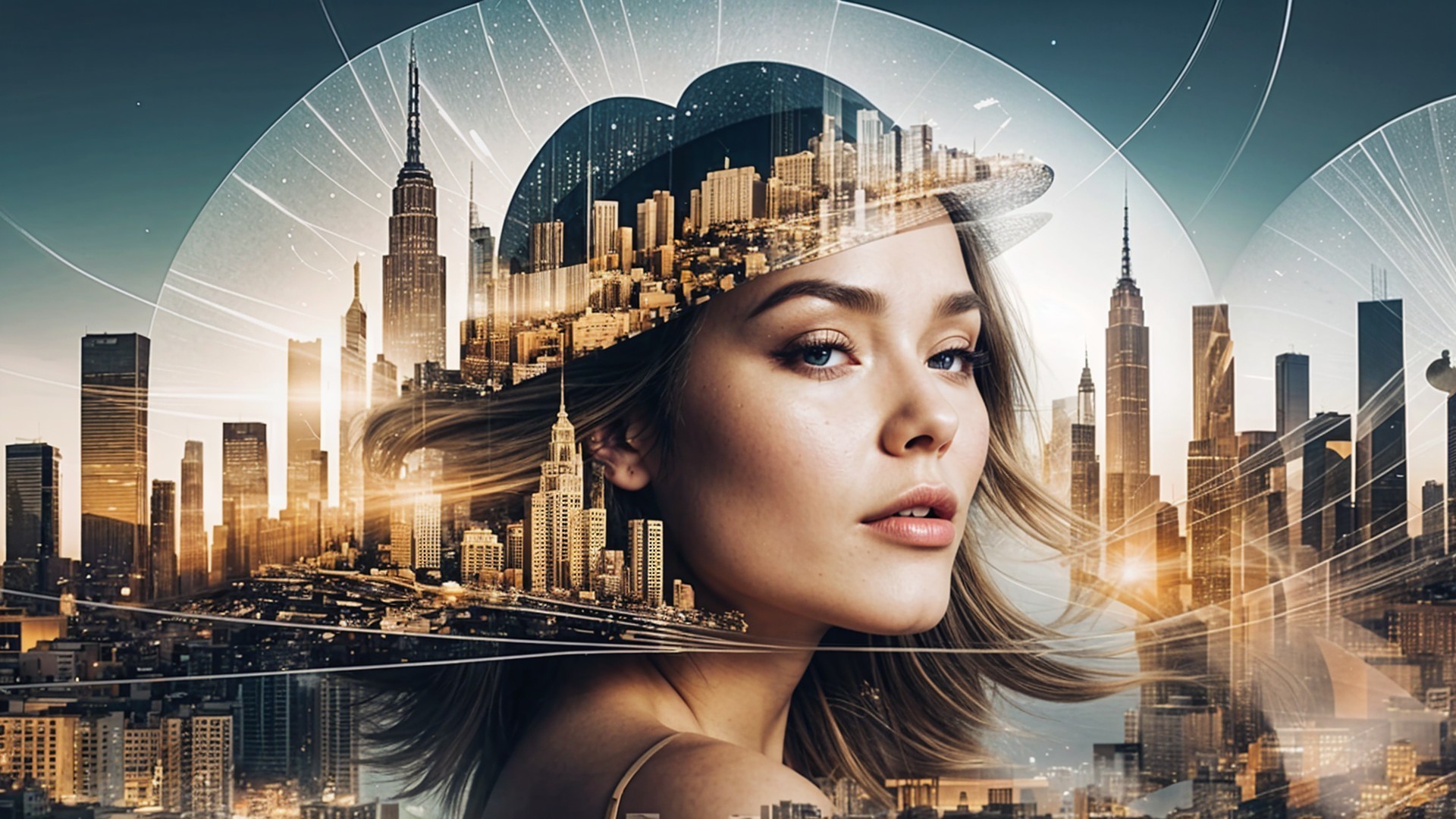 Young Woman Silhouette Over Cityscape with Light Rays