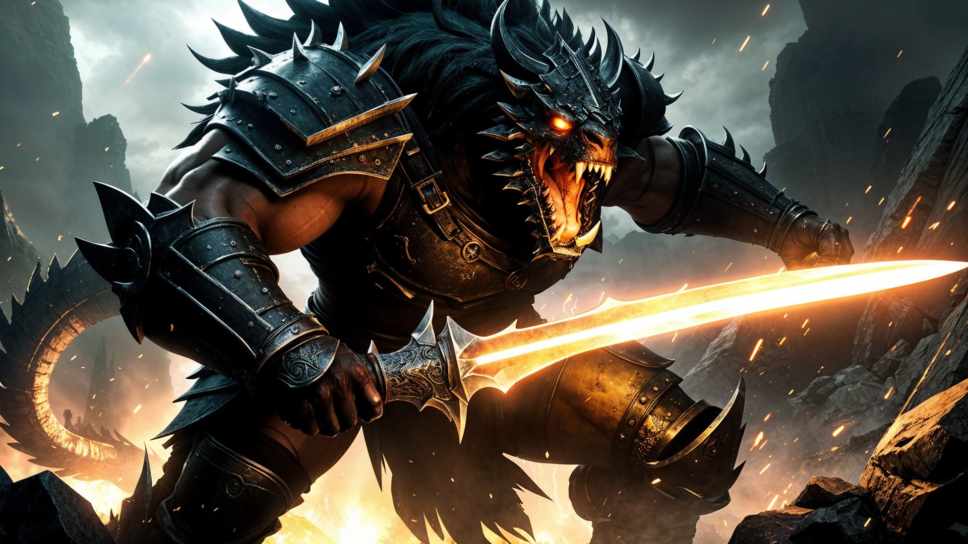 Muscular Warrior with Wolf Head in Chaotic Battlefield