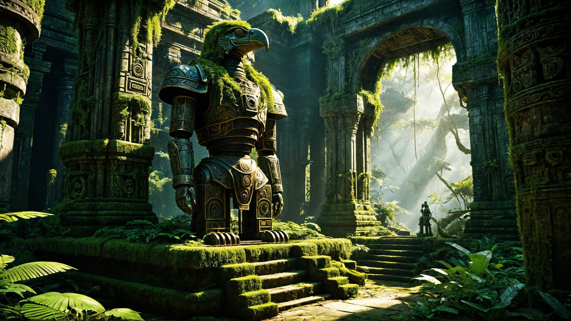 Robotic Figure in Ancient Overgrown Temple Scene
