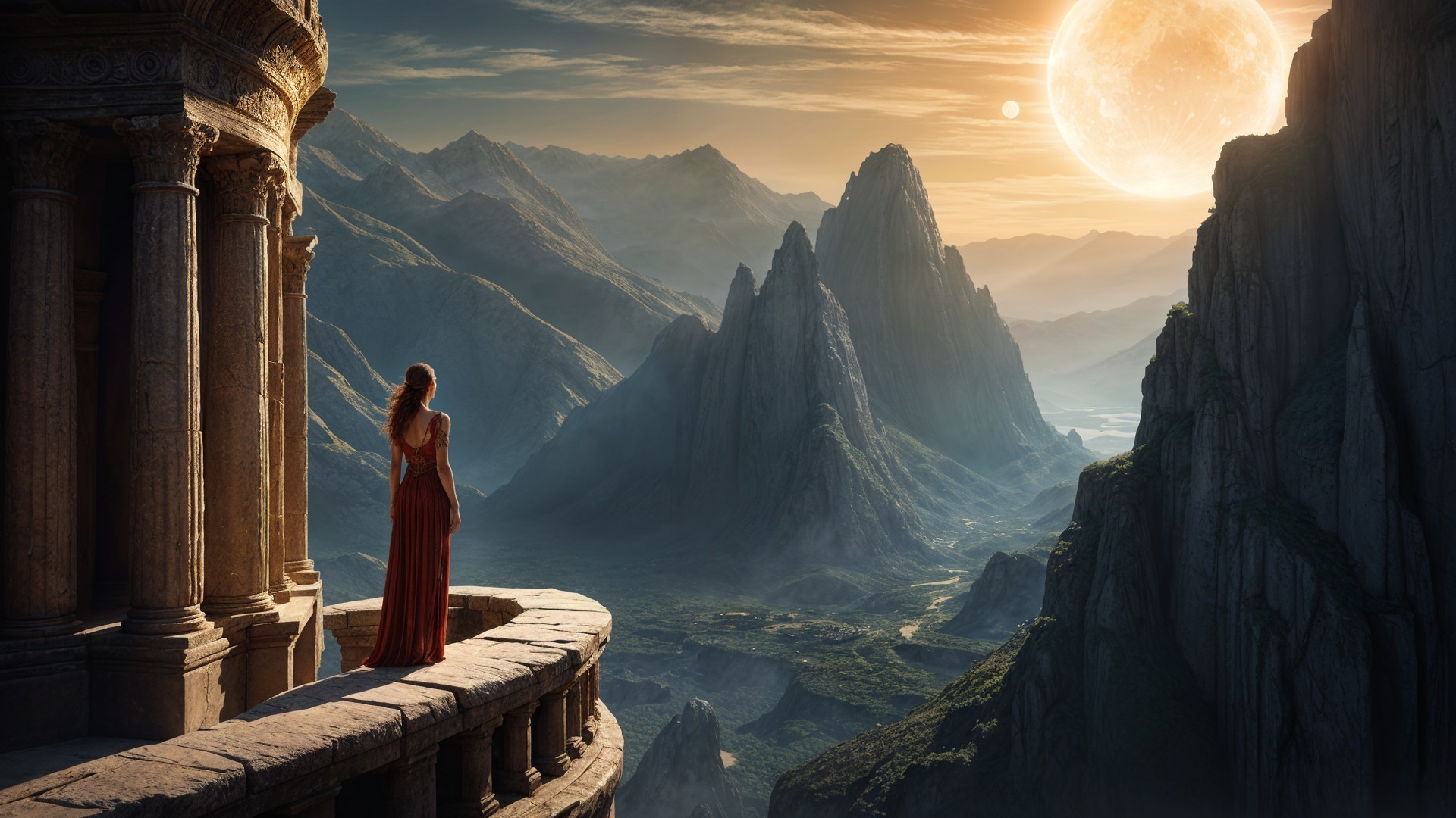 Figure in Red Gown on Balcony with Mountain View