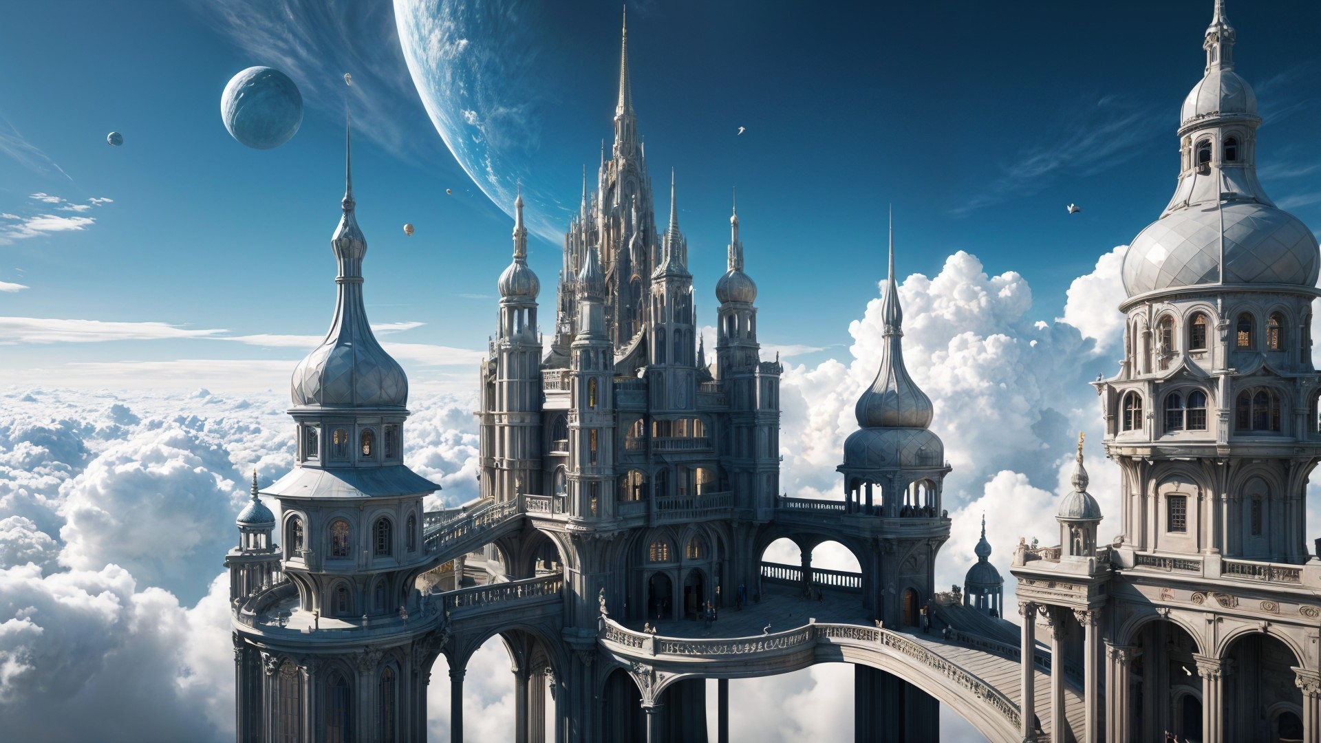 Ethereal castle above clouds with intricate architecture
