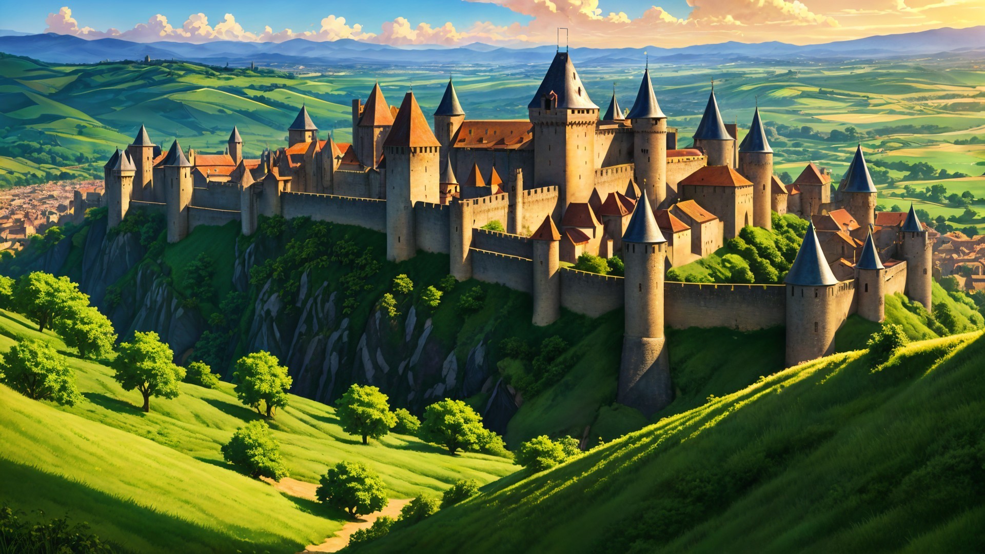 Majestic medieval castle on a green hill landscape