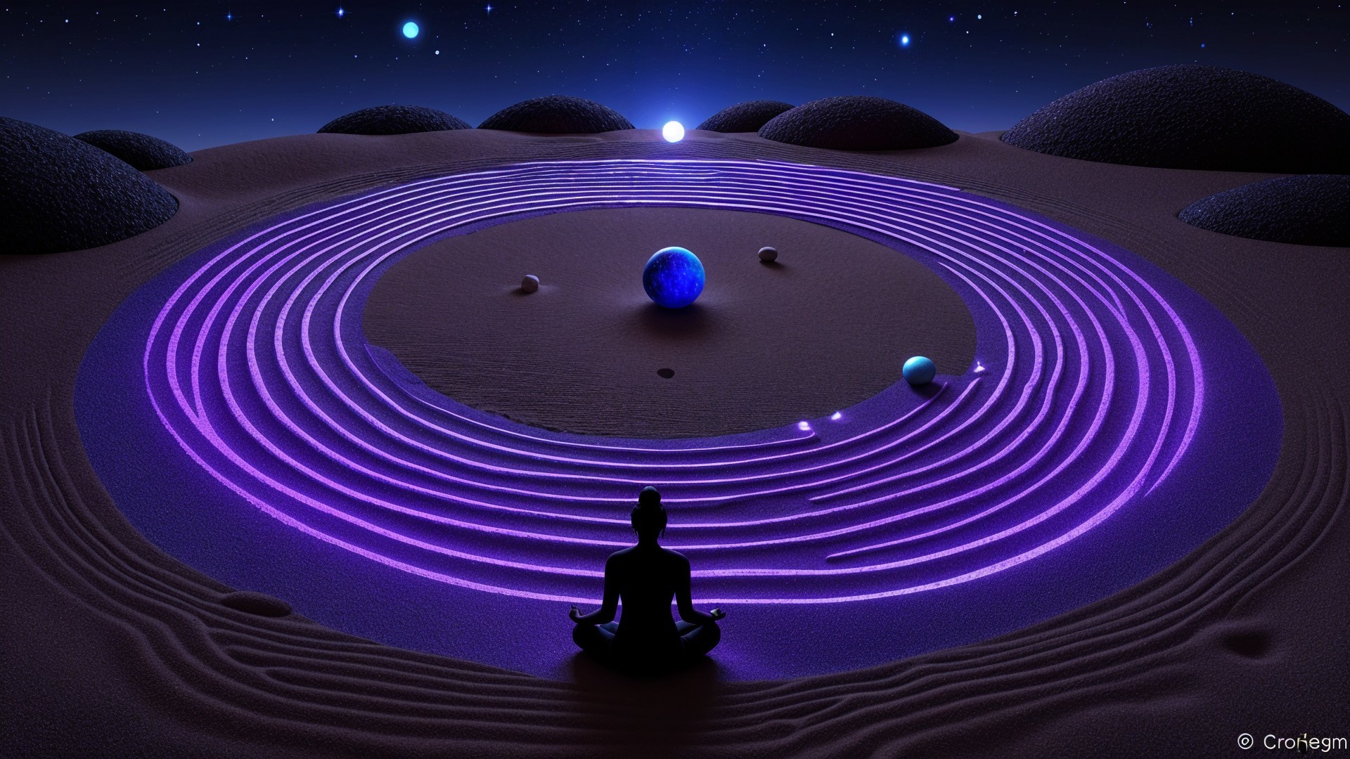 Desert Meditation Scene with Celestial Bodies and Dunes
