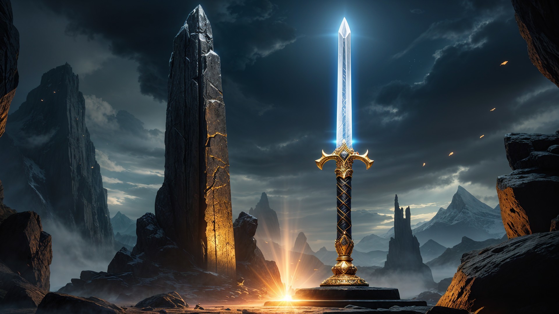 Radiant Sword in Mystical Landscape with Monoliths