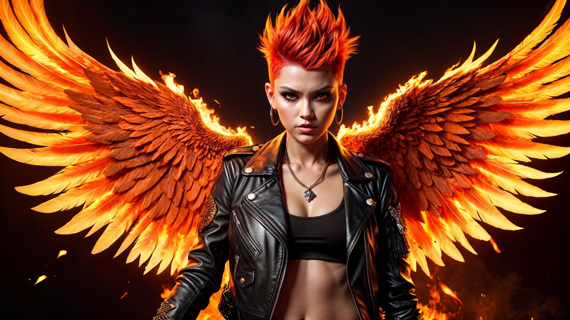 Fierce individual with red spiky hair and fiery wings