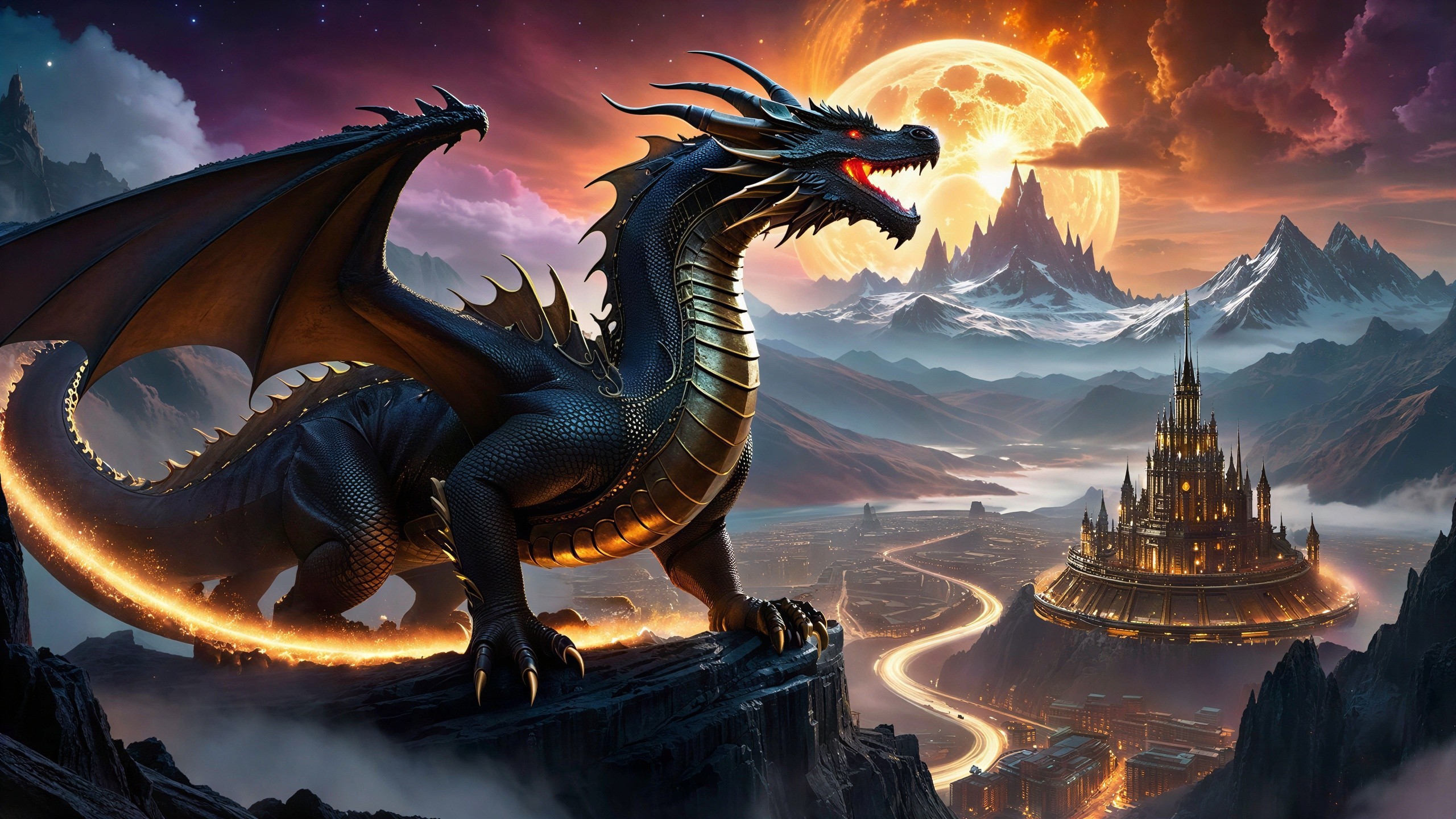Majestic Black Dragon on Cliff with Orange Moon