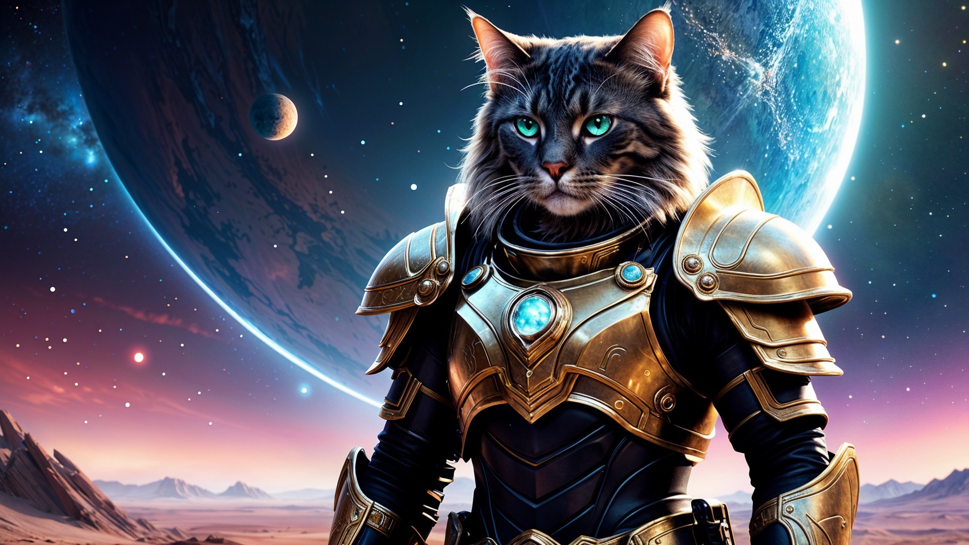 Majestic Cat in Futuristic Armor with Cosmic Background