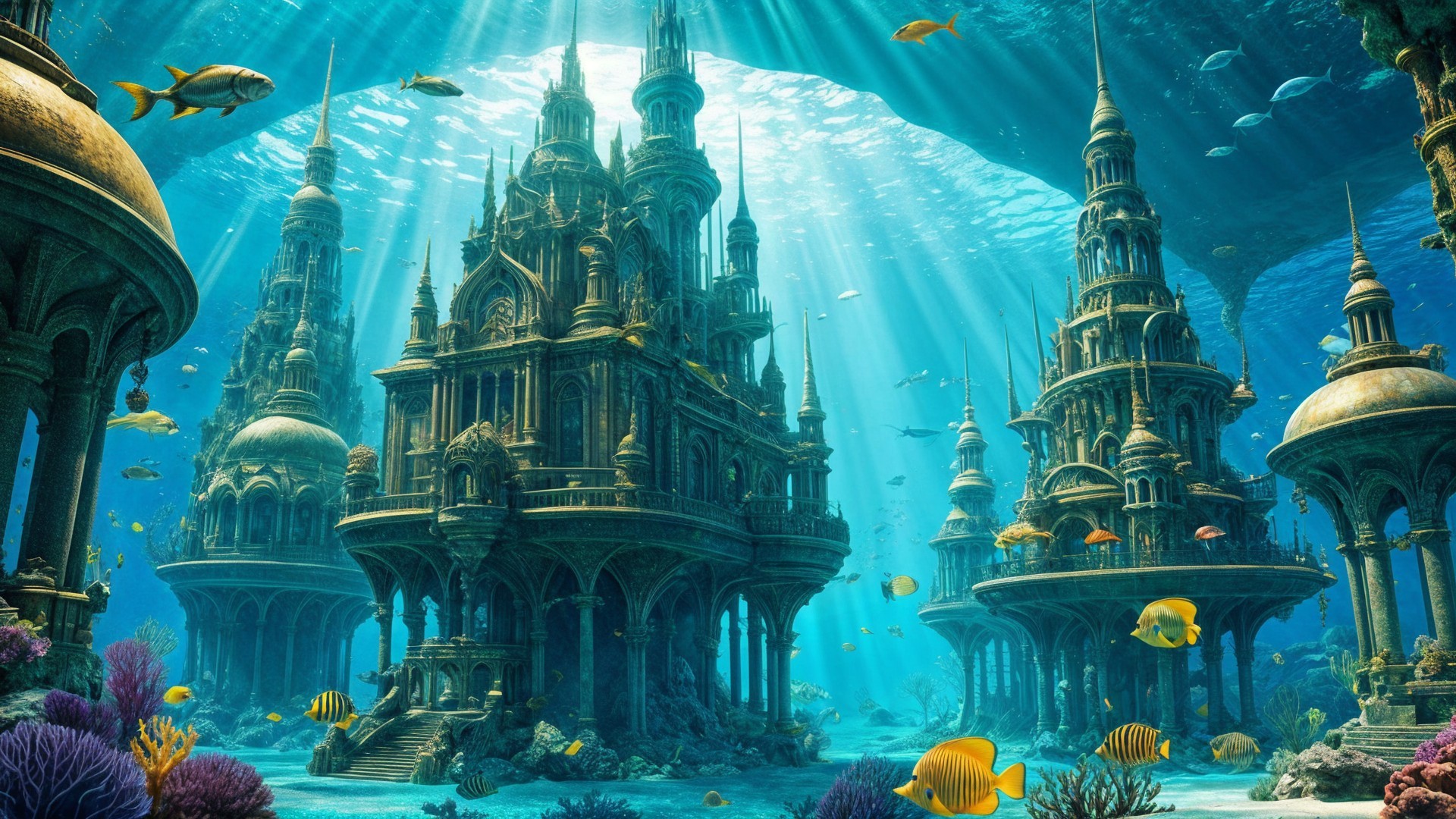 Underwater City with Ancient Architecture and Coral Gardens