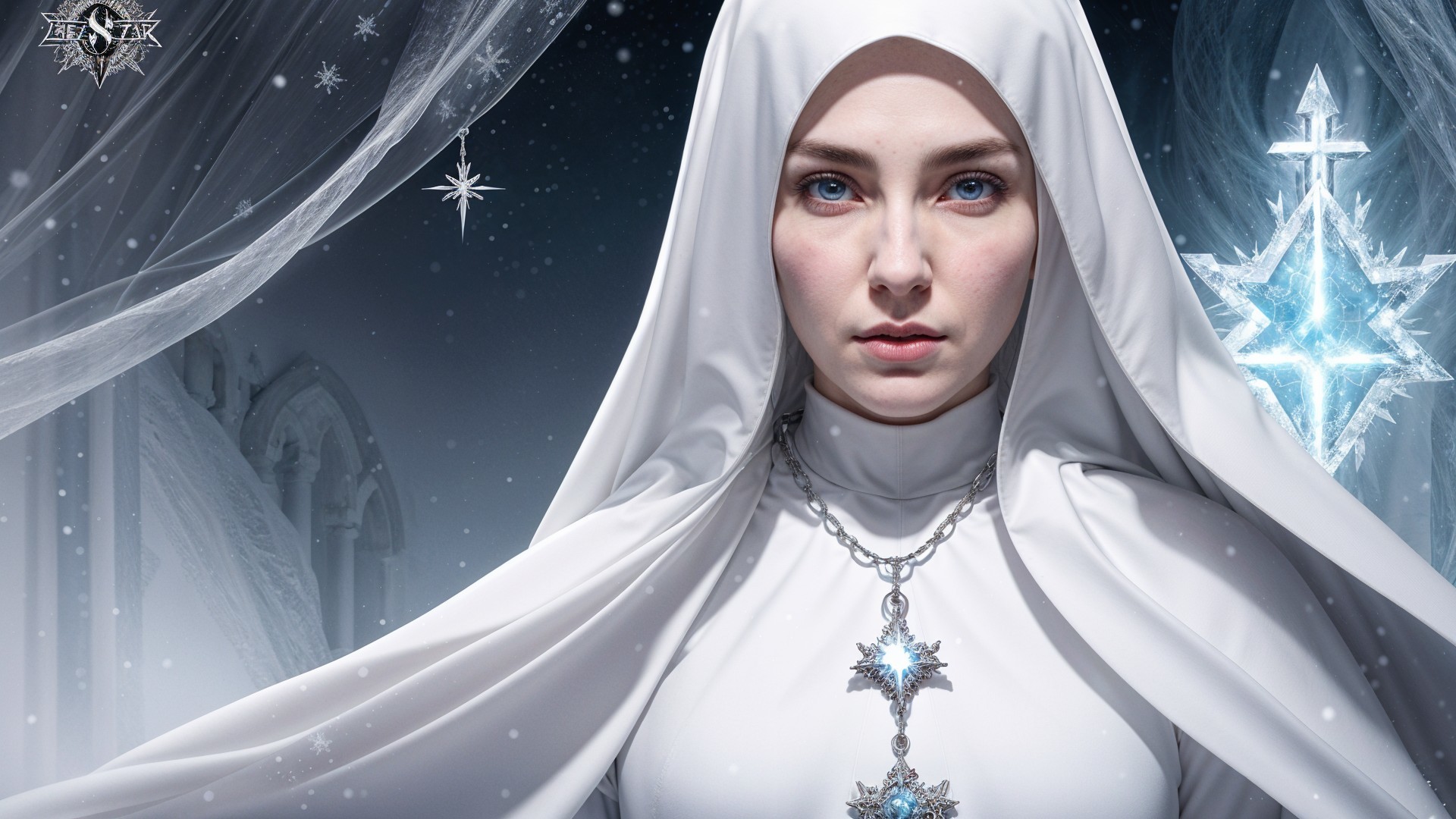 Woman in White Garment with Ethereal Background