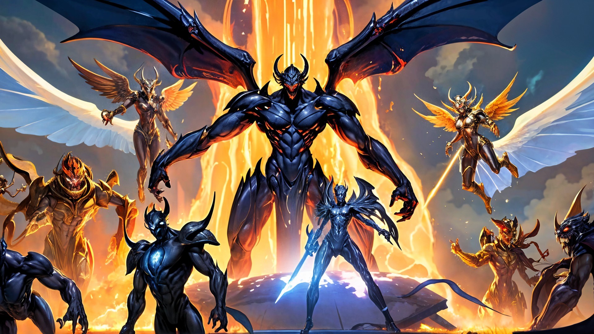 Fantasy Scene with Dark Figure and Ethereal Beings