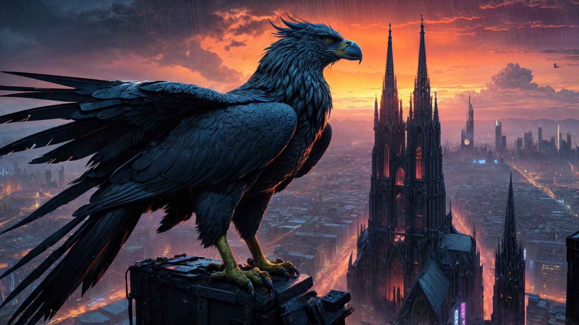 Black Eagle on Stone Ledge with Gothic Spires at Sunset