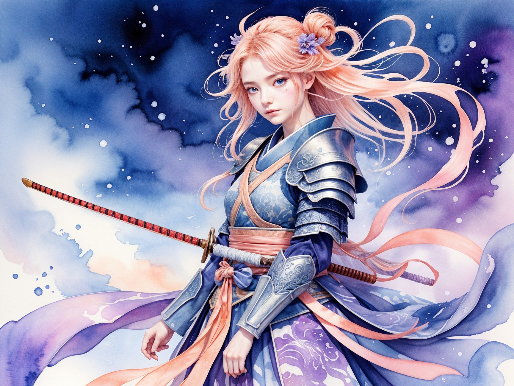 Serene Warrior in Intricate Armor with Katana