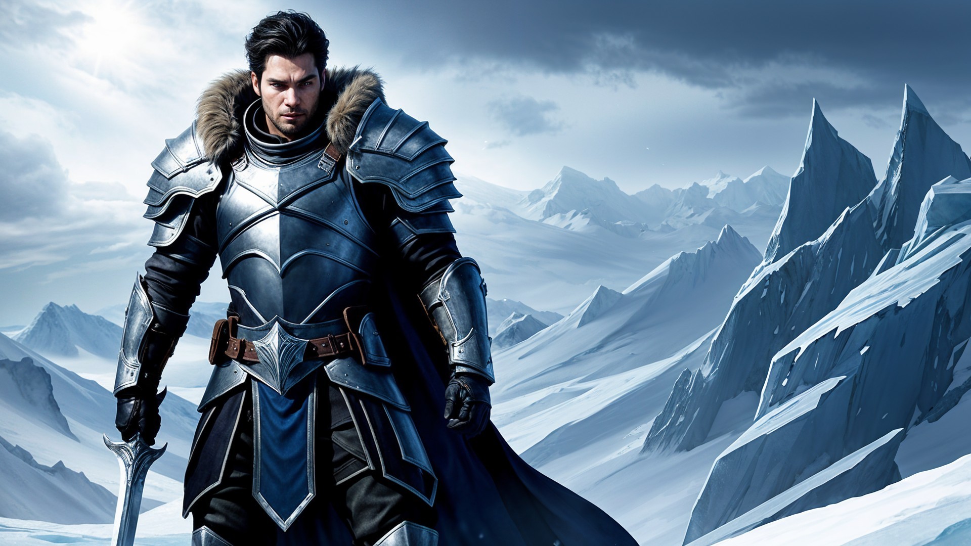 Warrior in Silver Armor on Snowy Landscape