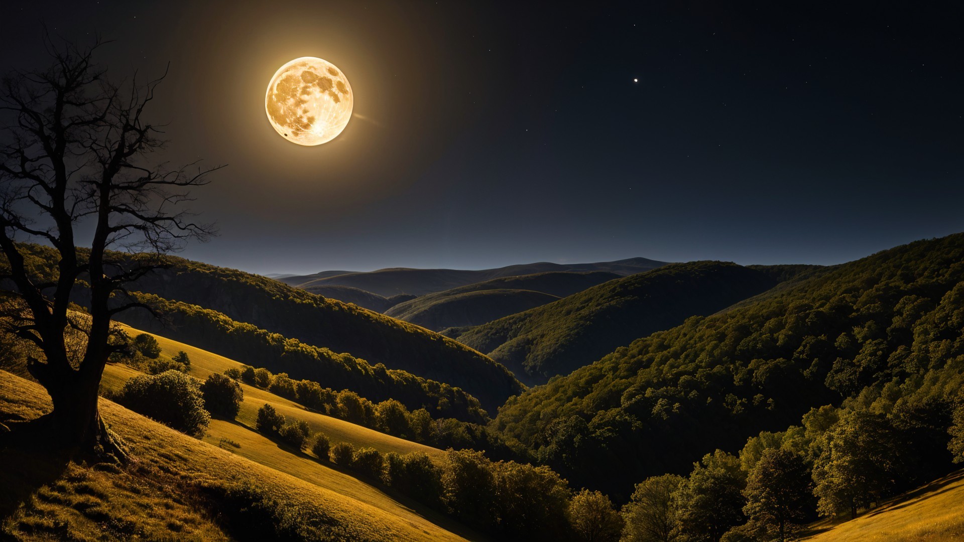 Serene Night Landscape with Moonlit Rolling Hills