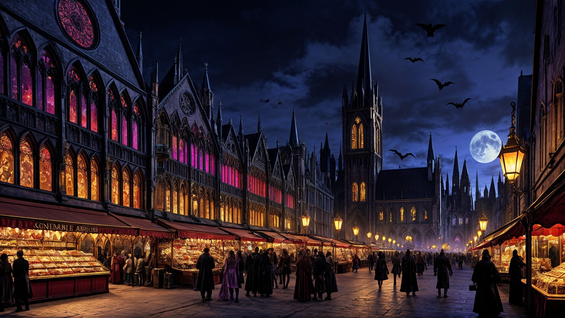 Medieval Night Market with Gothic Architecture and Bats