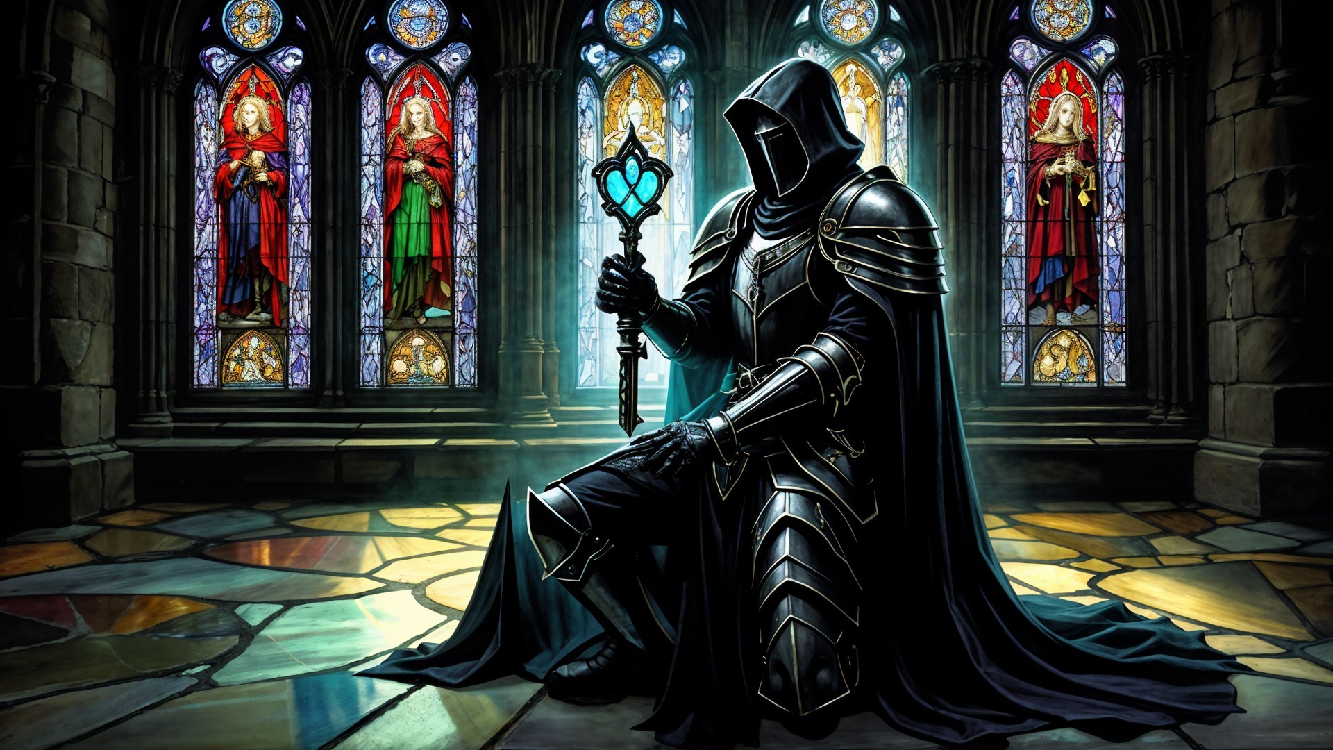 Cloaked Figure on Mosaic Floor in Gothic Setting