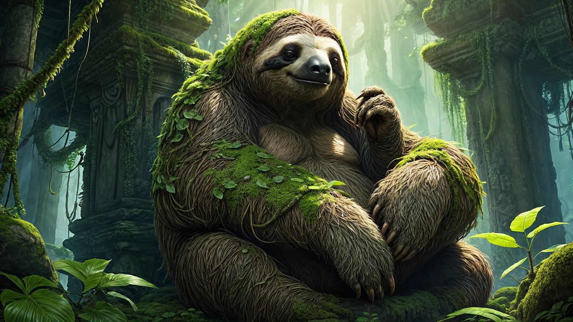 Sloth Among Ancient Jungle Ruins and Lush Vegetation